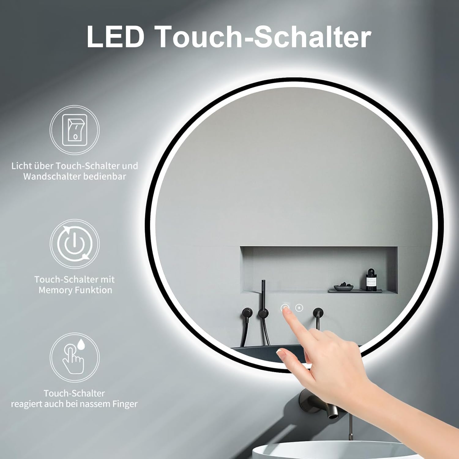 Thumbnail 3 de ApeJoy Specchio da Bagno Rotondo LED 60 cm, Cornice Nera con Anti-Appannamento e Memoria