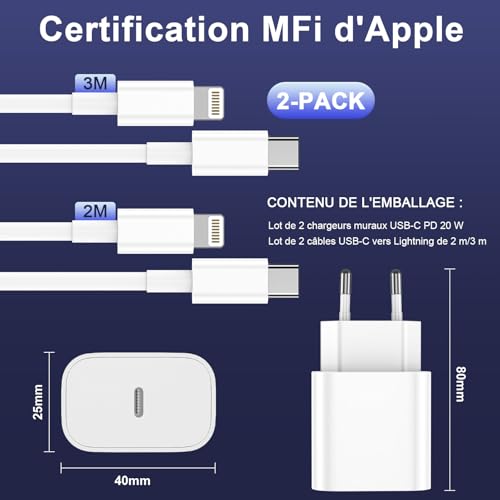 Detalle 2 de Chargeur iPhone 20W en duo avec câbles Lightning 2 m & 3 m certifiés MFi – Ailawuu