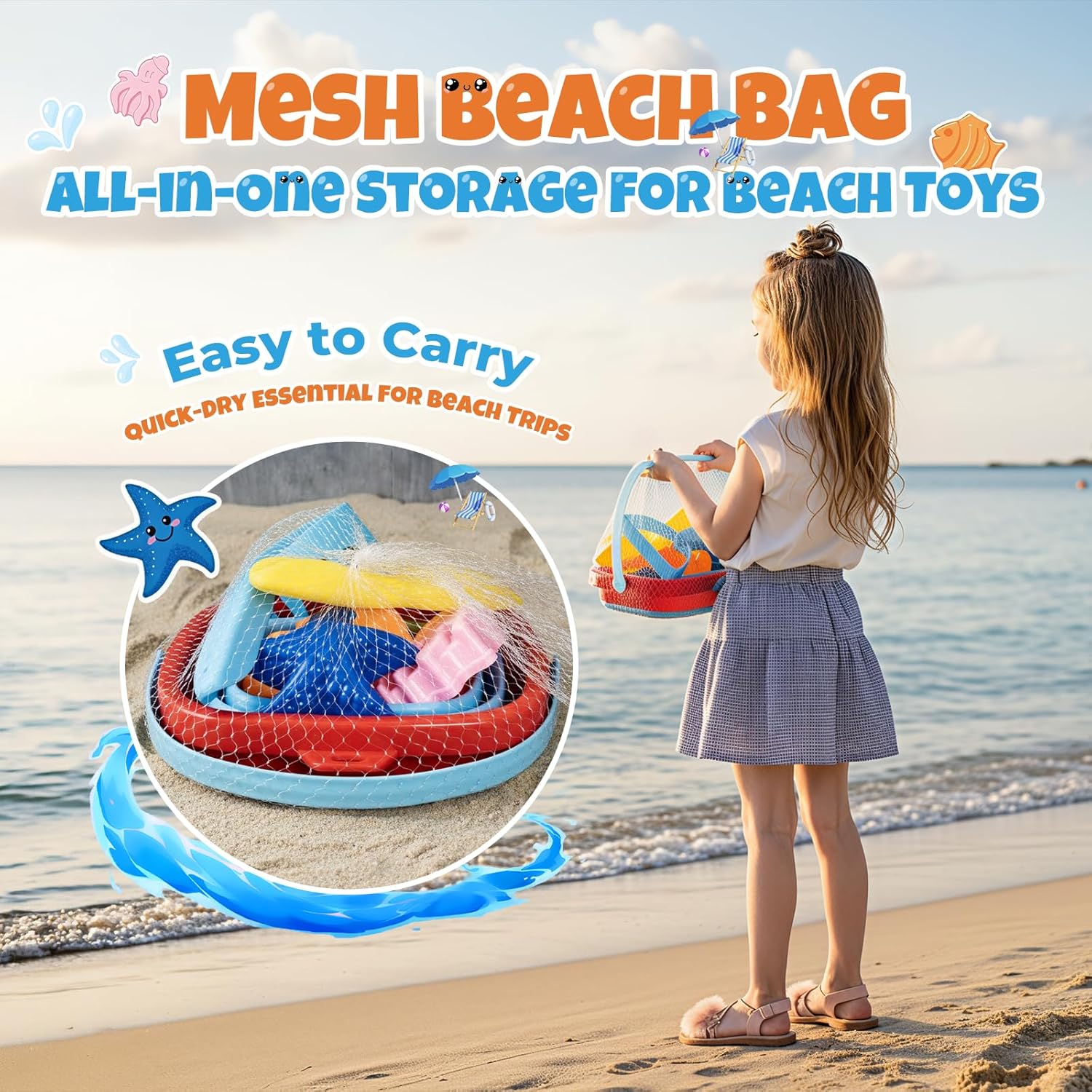 Detalle de Beach Toy Set for Children with Collapsible Sand Bucket, Shovel, Rake, Moulds & Mesh Storage Bag (Ages 3–10)