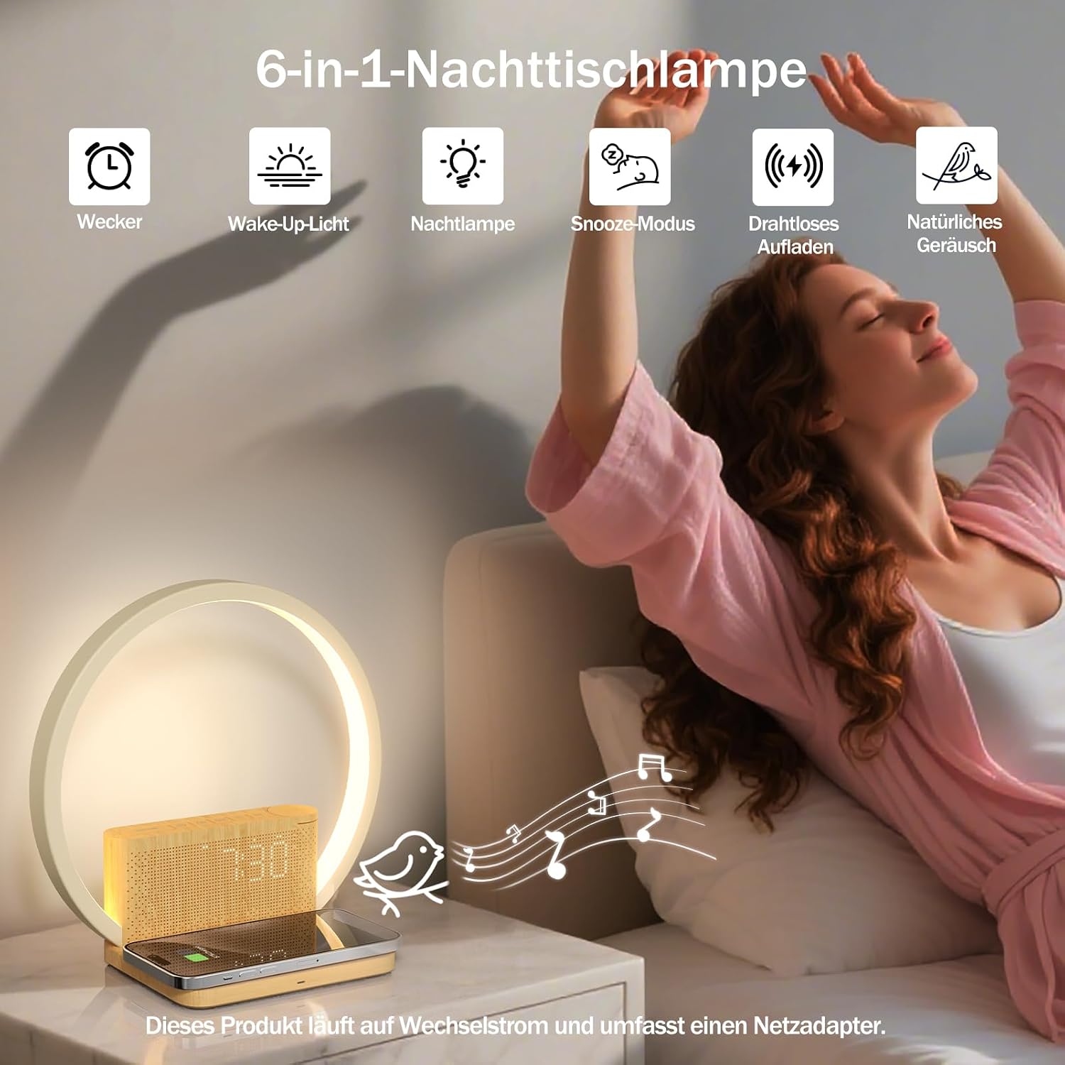 Detalle 2 de blonbar Tageslichtwecker & Nachttischlampe mit Ladefunktion (Qi), 3-Stufen Touch Dimmer