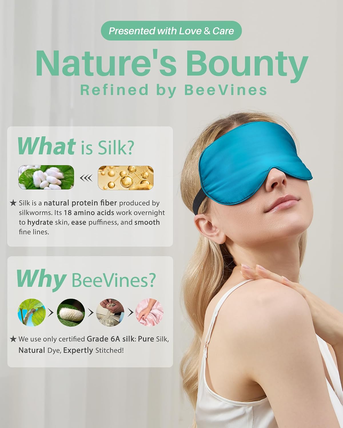 Thumbnail 6 de BeeVines Silk Sleeping Mask (2-pack) – 100% natural silk eye mask with adjustable straps (Black & Peacock Blue)