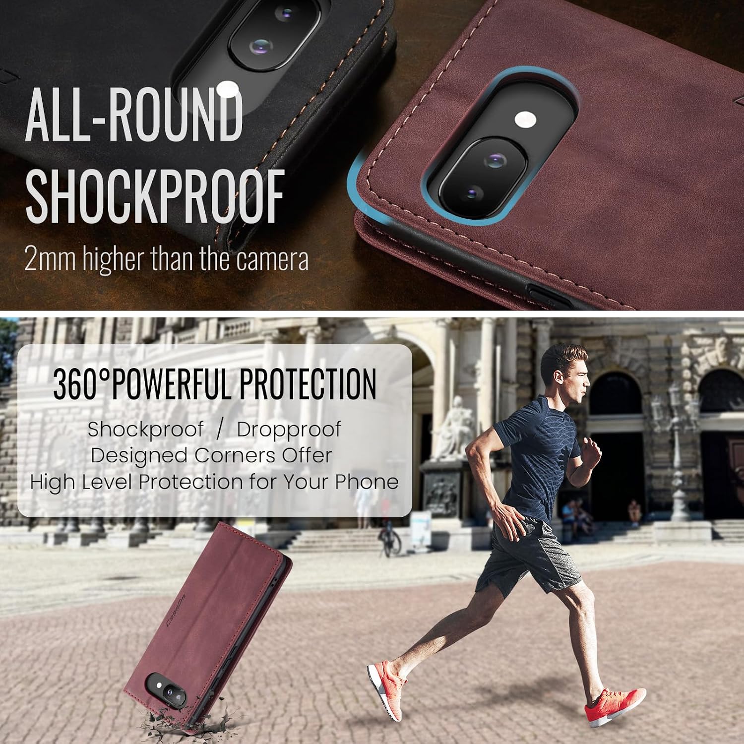 Detalle de Ottcooed Premium Leder Flip Case für Google Pixel 9a – Weinrot, Magnetverschluss, Standfunktion & Kartenfach