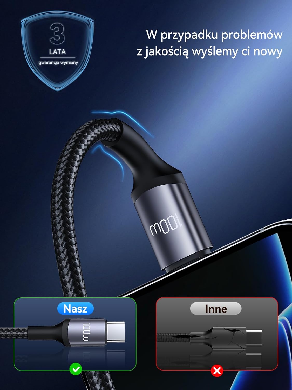 Detalle de Rocoren USB-C 100 W, 2 plecione kable 2 m do ładowania i transmisji danych