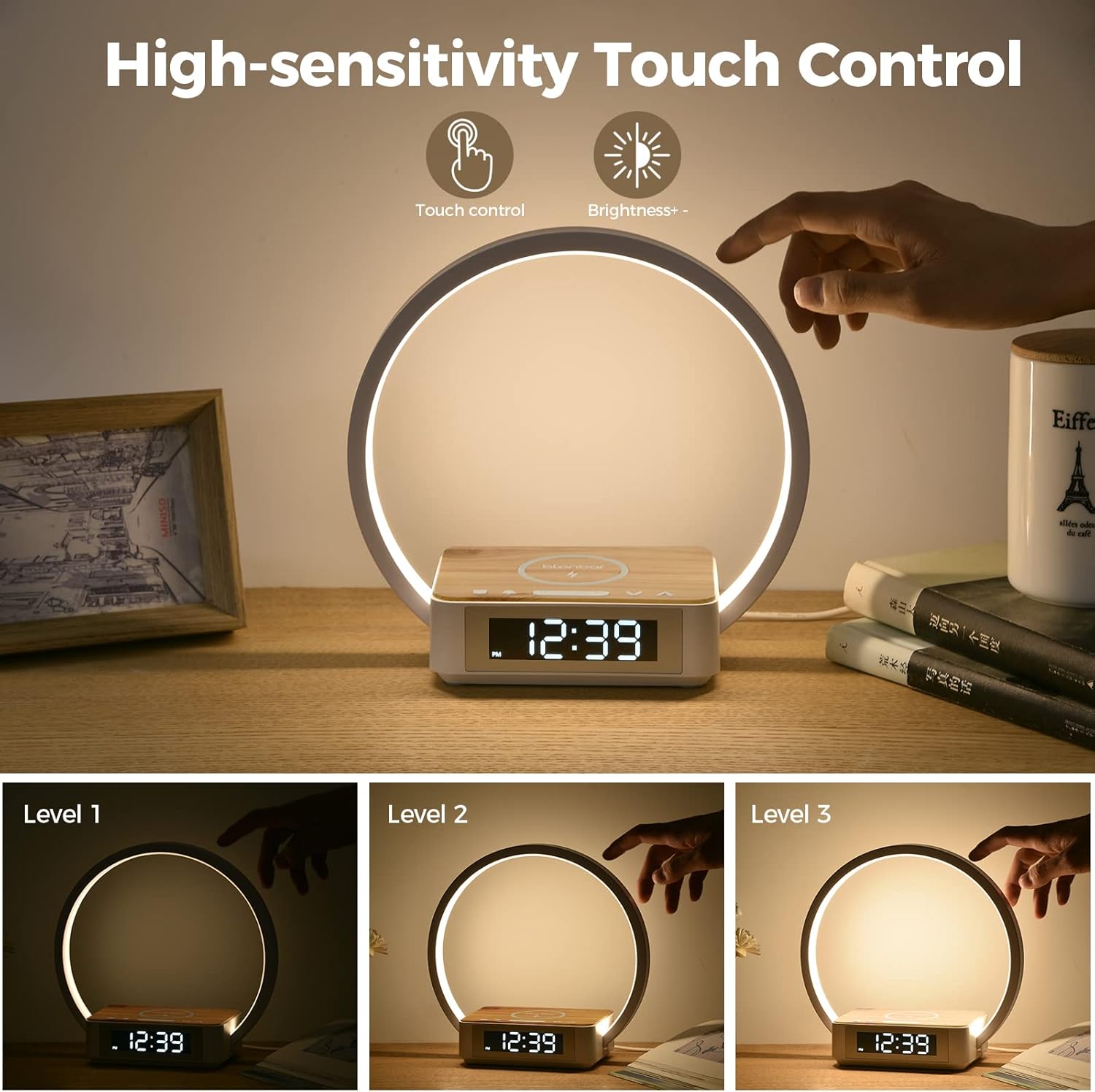 Detalle de blonbar LED Nachttischlampe mit Ladefunktion (10 W Wireless Charger) – Touch-Dimmung & Wake-up-Light Wecker
