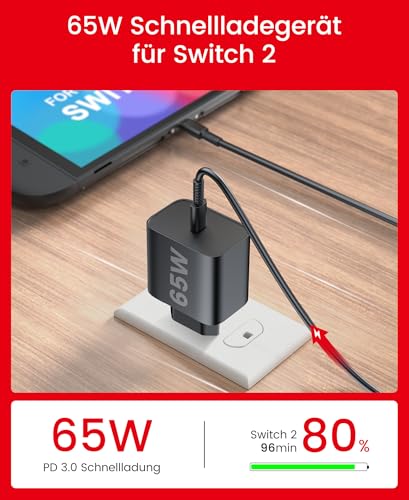 Detalle de HELLCOOL 65W USB-C Ladegerät für Nintendo Switch 2 GaN3.0, 2m Kabel
