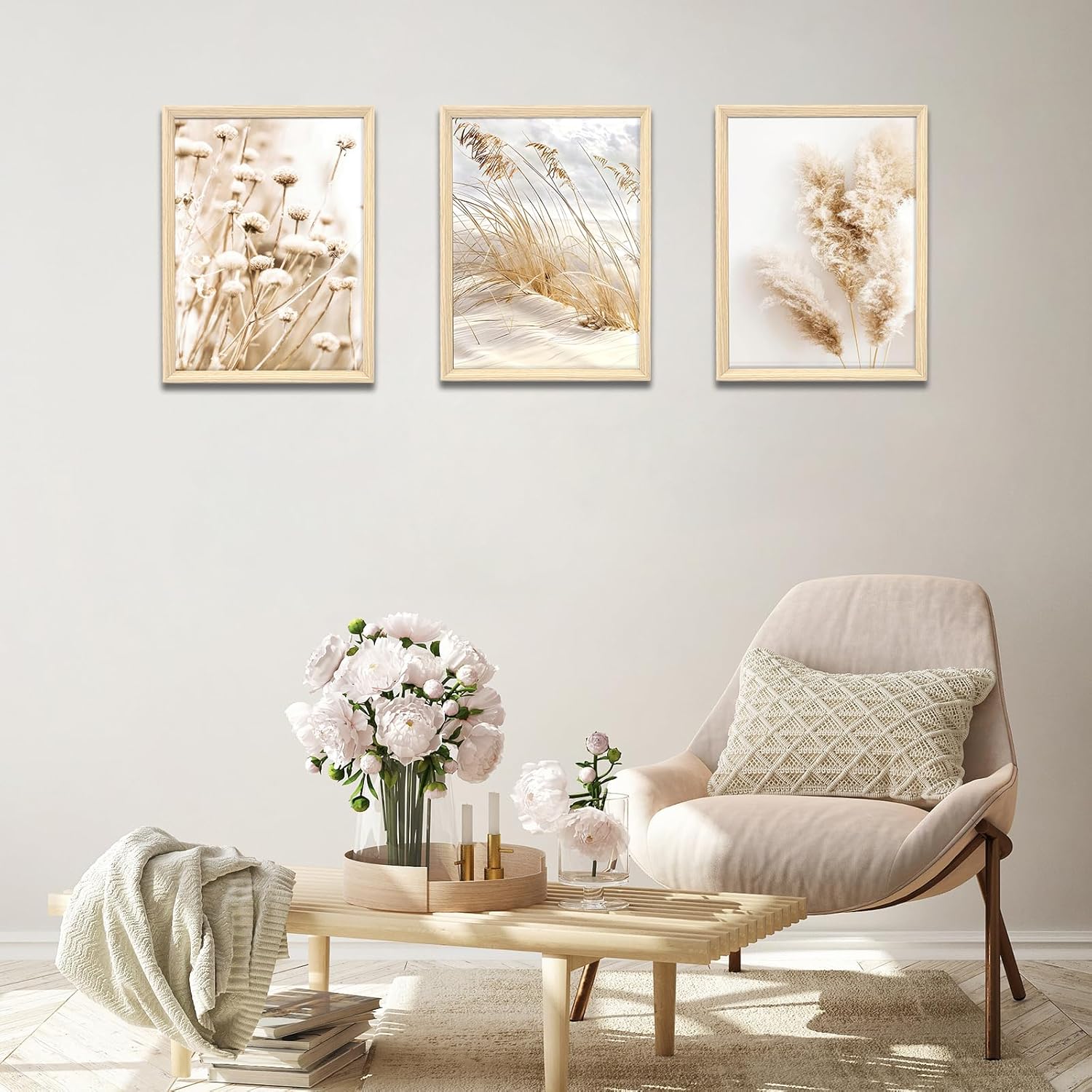 Thumbnail 2 de 3er-Set Leinwandbild Beige Löwenzahn & Pampasgras – Mit Rahmen, 90x40 cm je Panel