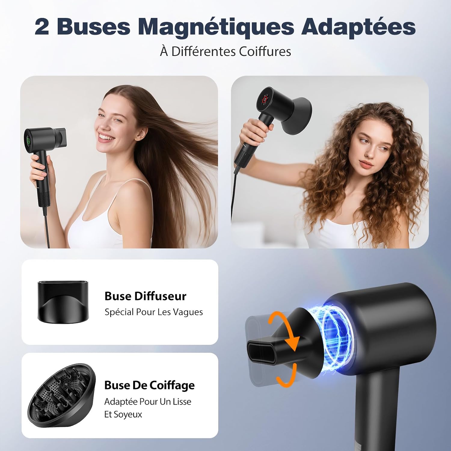 Thumbnail 2 de Aigostar Sèche-cheveux ionique de voyage avec diffuseur magnétique — 400 millions d’ions négatifs, moteur BLDC 110 000 tr/min, 57 dB (390 g) Noir