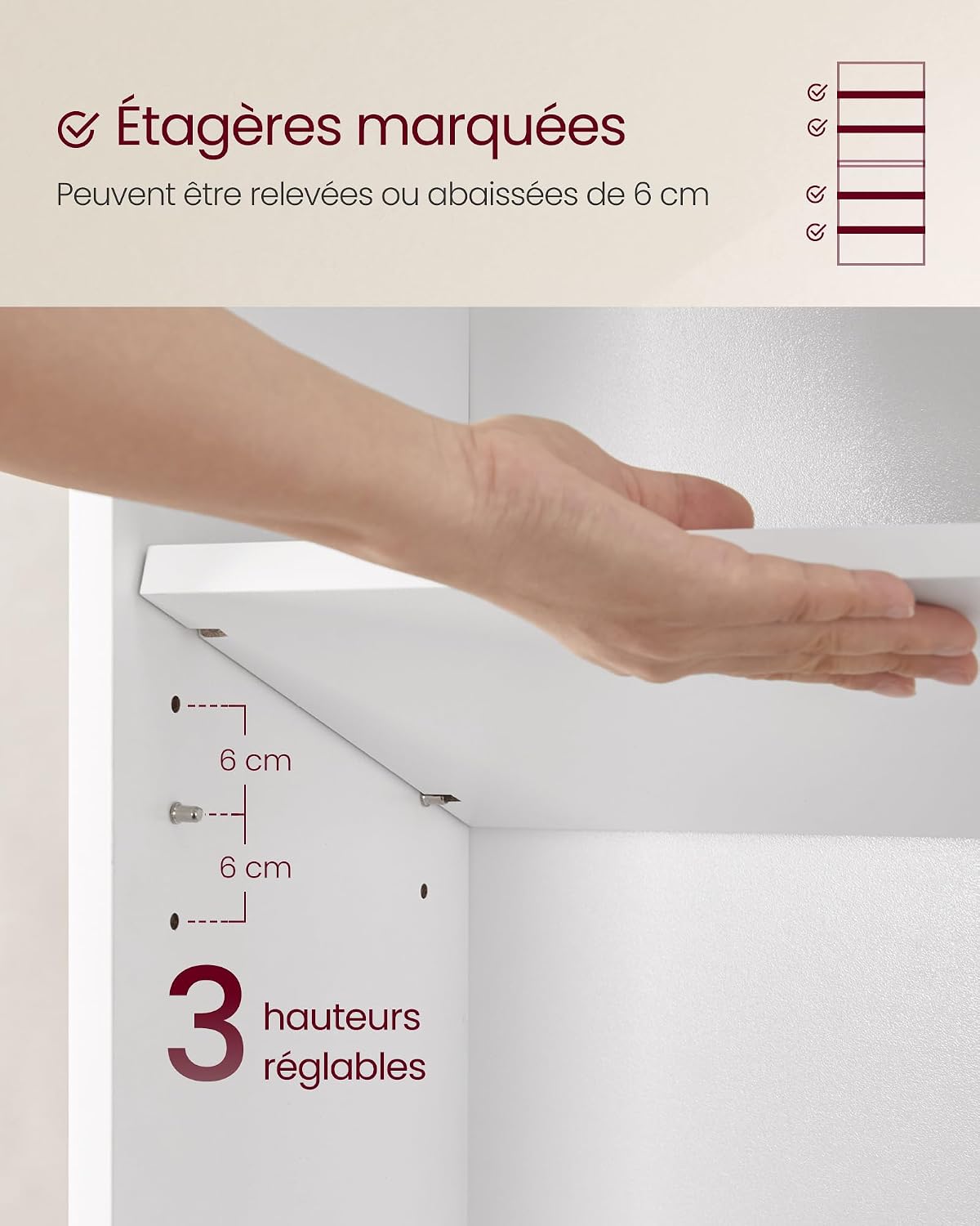 Detalle de VASAGLE LBC167T14 boekenkast met 6 niveaus, wit, 40 x 24 x 178,5 cm