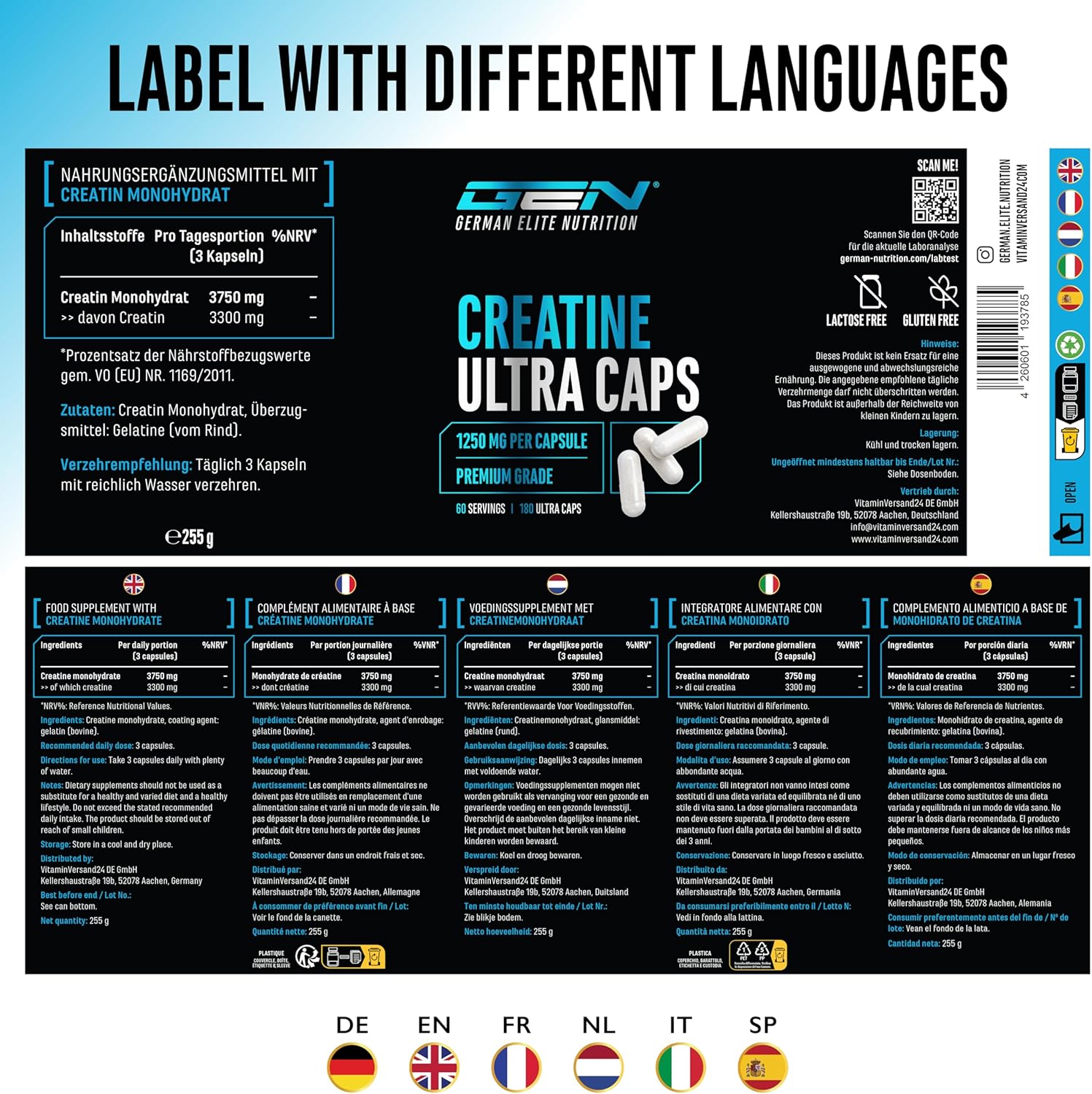 Thumbnail 6 de Creatine Ultra Caps – 180 Kapseln mit 1.250 mg Creatin-Monohydrat (je Kapsel) von German Elite Nutrition
