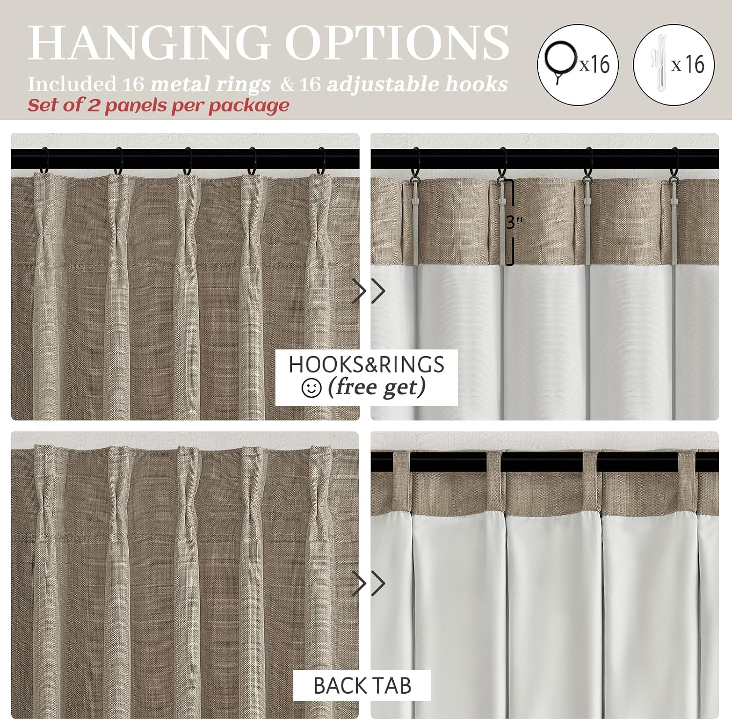 Detalle de Unique Black Out Thick Linen Privacy Curtains 105 Inches Long, 2 Panel Set