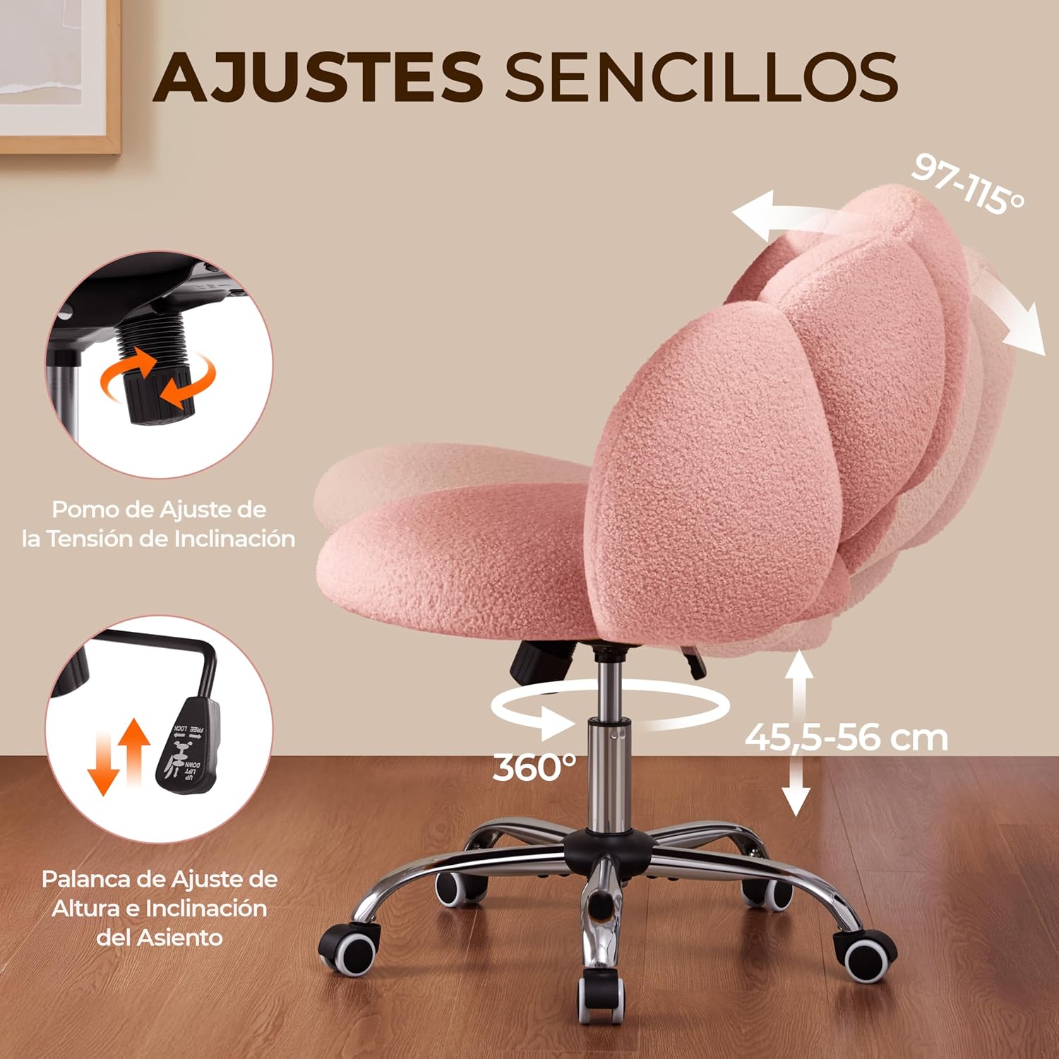 Thumbnail 3 de Yaheetech Silla Ergonómica Rosa con Ruedas