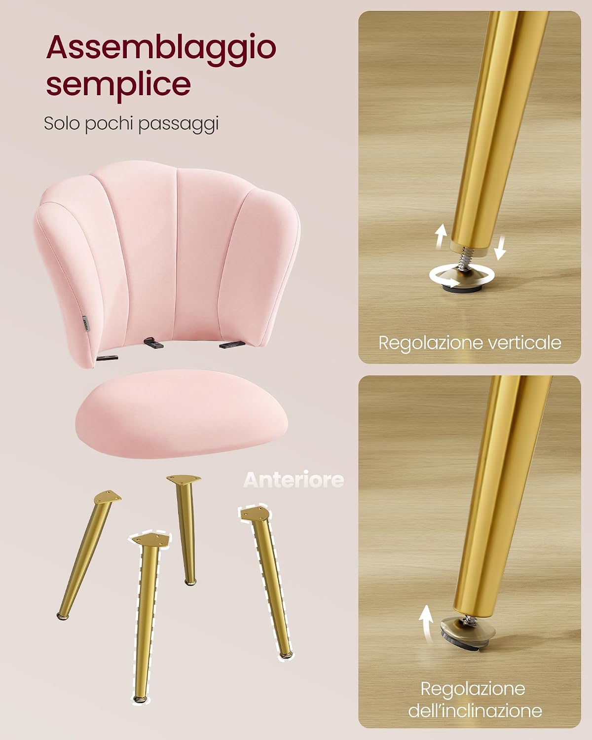Thumbnail 6 de VASAGLE Sedia da Pranzo Cucina KDC099S101: seduta imbottita in velluto rosa con schienale a forma di petali