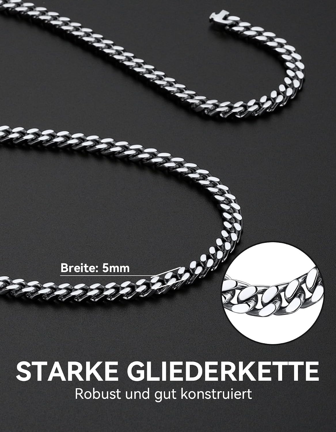 Detalle de ChainsHouse Panzerkette Miami – 5/7/9/12 mm, Edelstahl 316L, 66 cm, silber/gold/schwarz