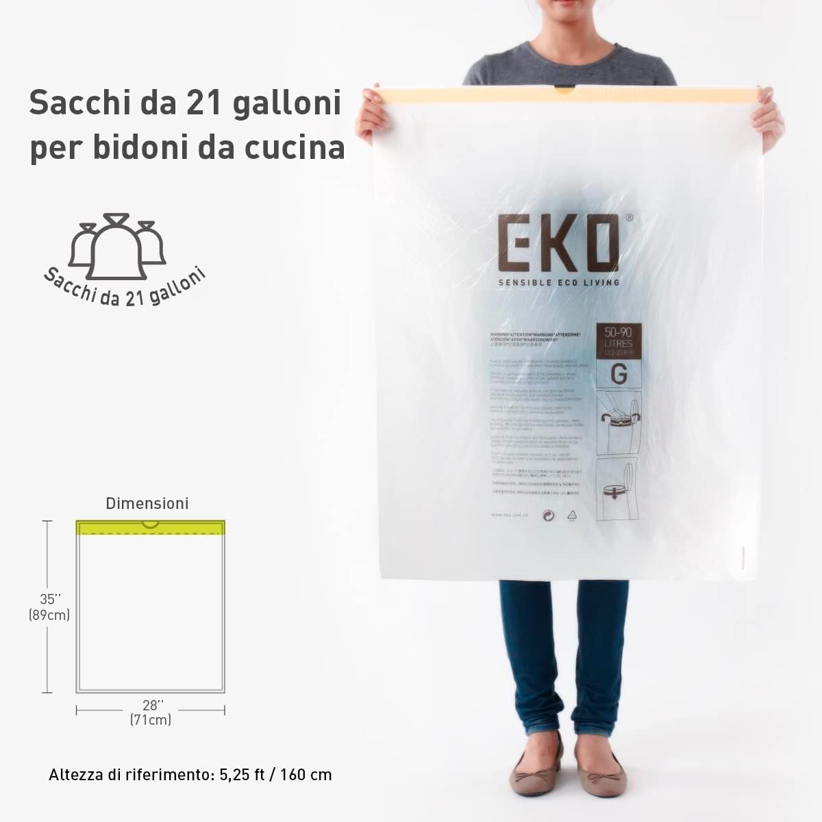 Detalle de EKO Sacchetti Pattumiera Code G 60 Pezzi (50-90 L) – Ultra Resistenti, Anti-Perdita, con Maniglie a Chiusura Automatica