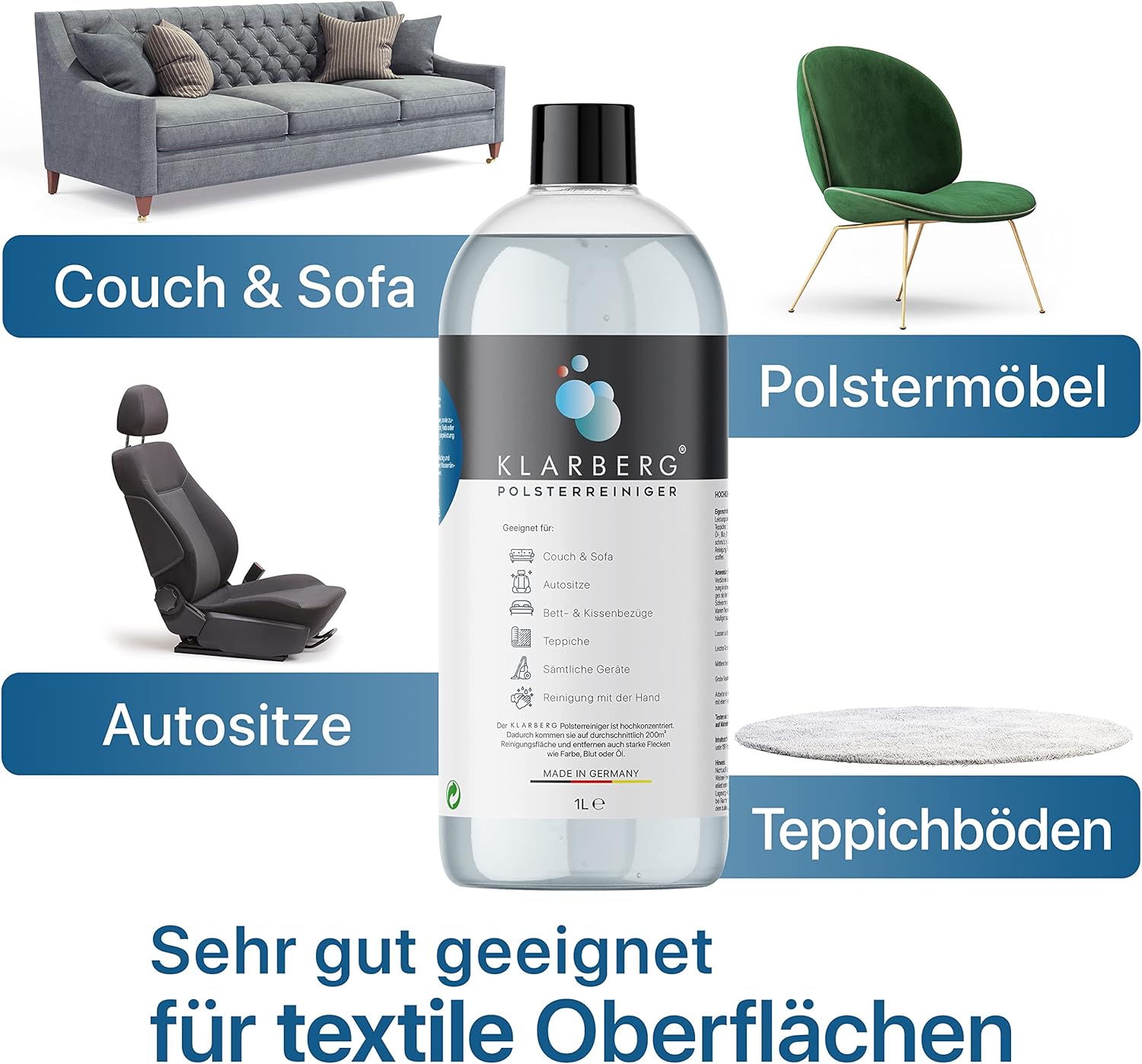Thumbnail 1 de KLARBERG® 1L Waschsauger Polsterreiniger Konzentrat – Flecken- und Geruchsentferner für Sofa, Teppich & Autositze