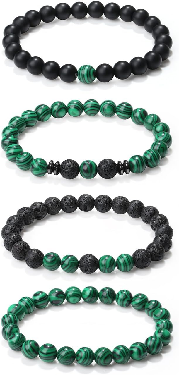 Sahoottie Men’s Beaded Bracelets – 4pc Tigers Eye 8mm Crystal Stone Set (Elastic, 7.5in) in Gift Box