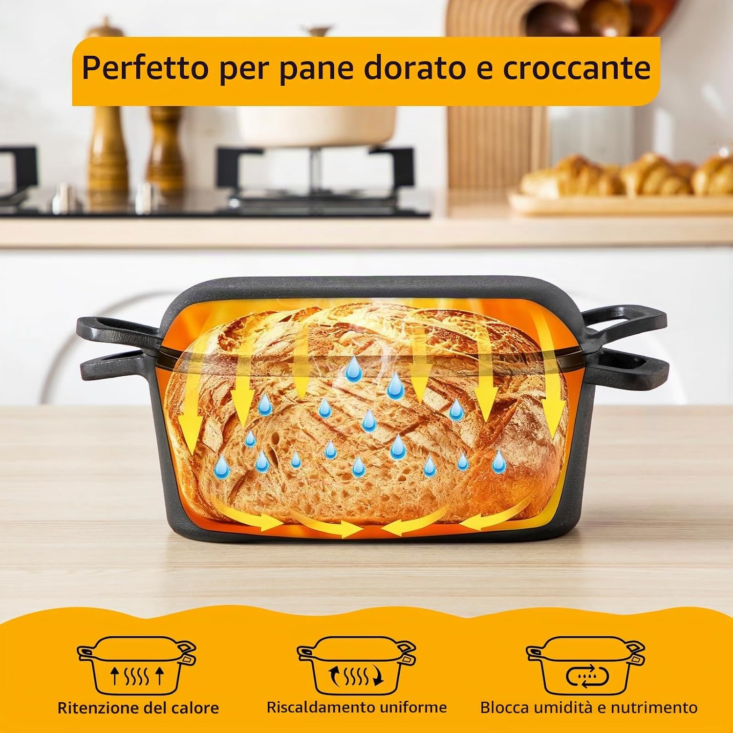Thumbnail 2 de Velaze Pentola in Ghisa per Pane 3.4L – Casseruola Rettangolare 27x15 cm con Coperchio e Smalto Cremona, Induzione