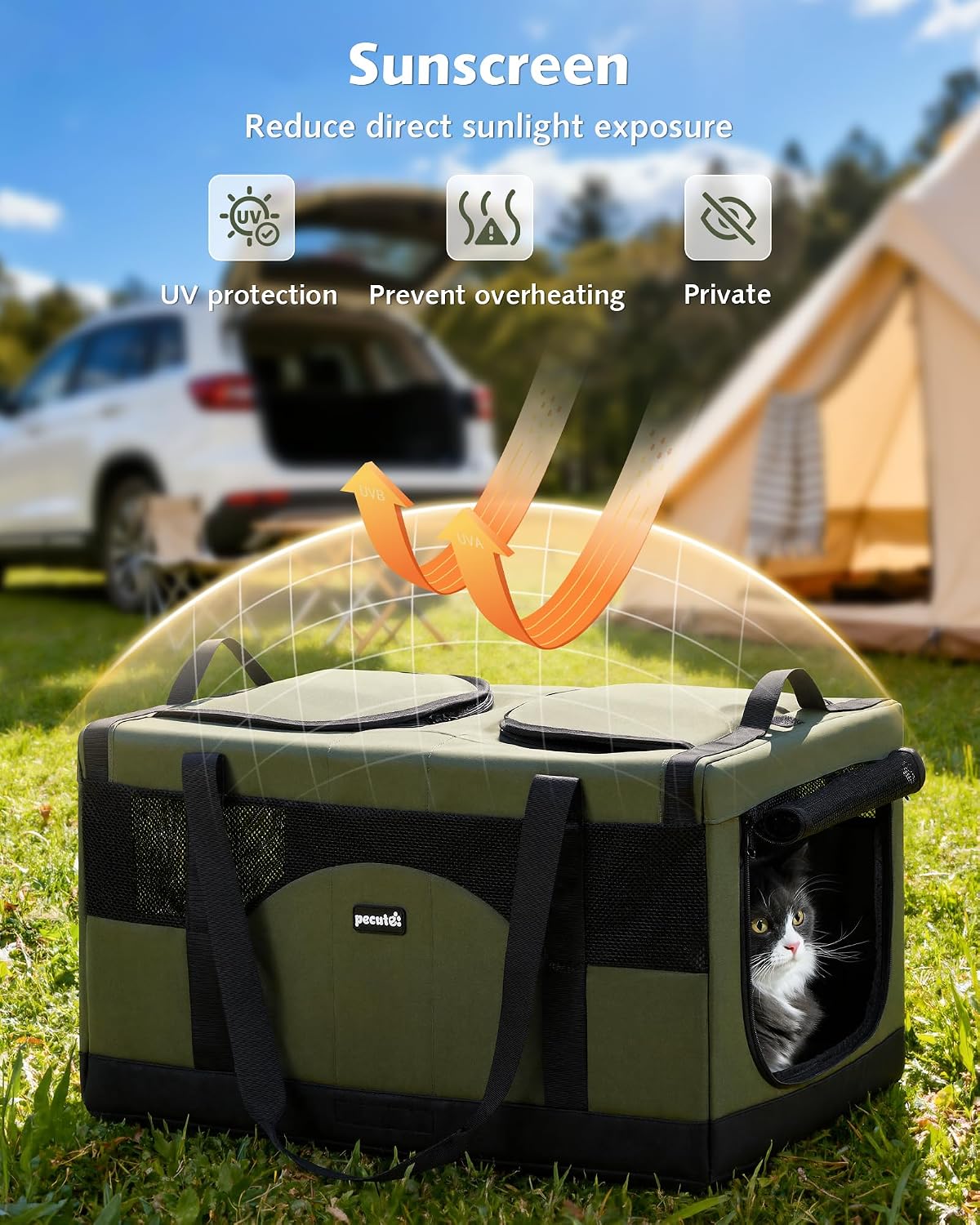Detalle de Pecute Katzentransportbox für 2 Katzen (faltbar) – Transporttasche mit stabilem Edelstahlrahmen, Dunkelgrün