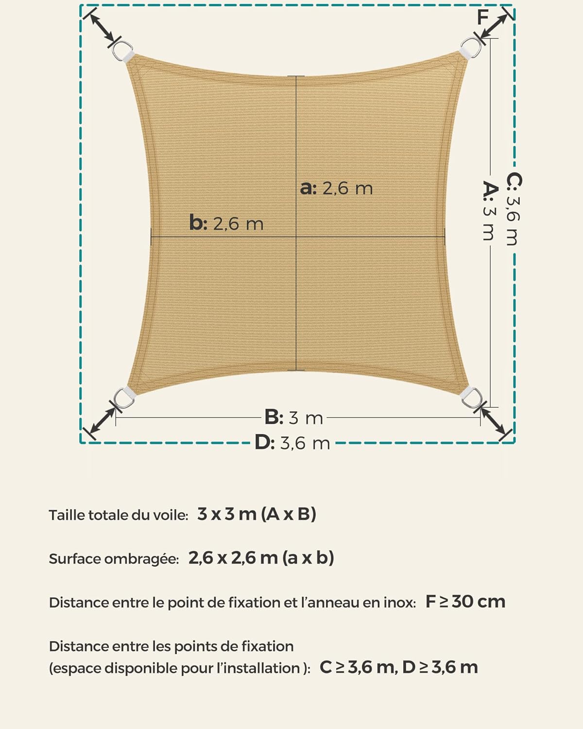 Thumbnail 4 de SONGMICS Voile d’Ombrage 3 x 3 m Jaune sable GSS33EYV1 – protection solaire et ventilation pour terrasse