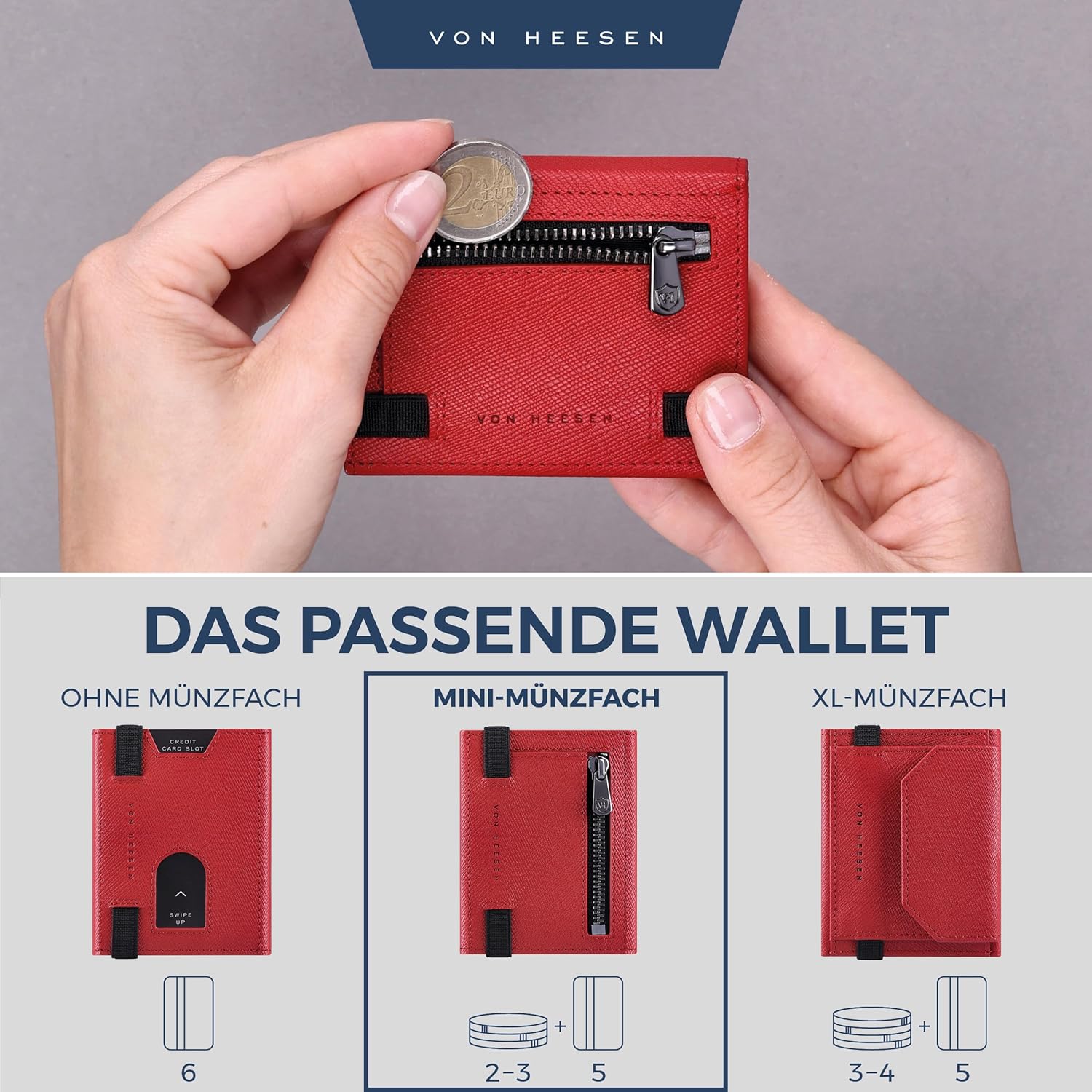 Thumbnail 5 de VON HEESEN Slim Wallet mit Münzfach & RFID-Schutz – rotes Saffiano Leder Kartenetui (9 x 7 x 1,5 cm)