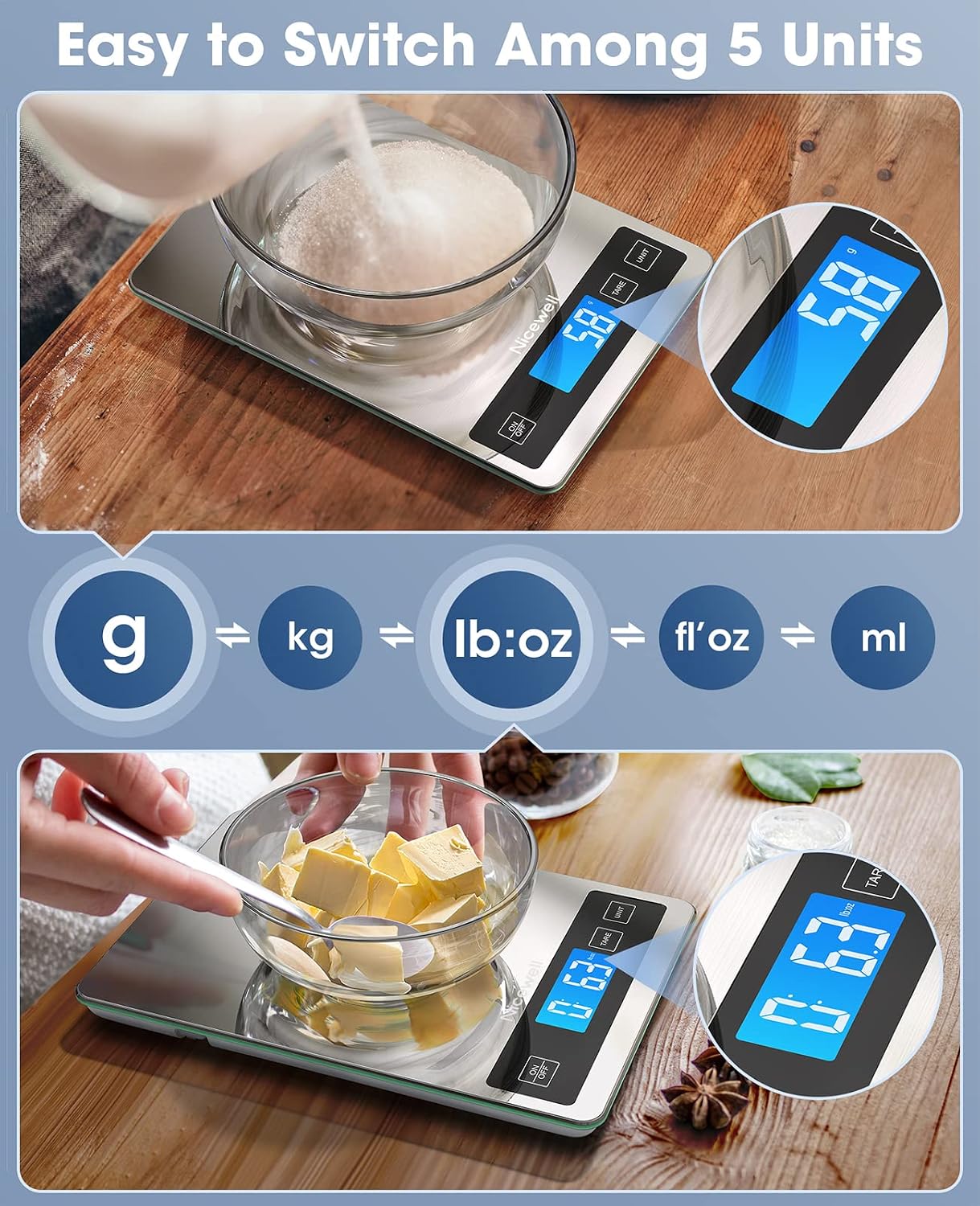 Detalle de Nicewell 22lb Digital Kitchen Scale with Tare, Backlit LCD, 1g/0.1oz, Stainless Steel & Tempered Glass