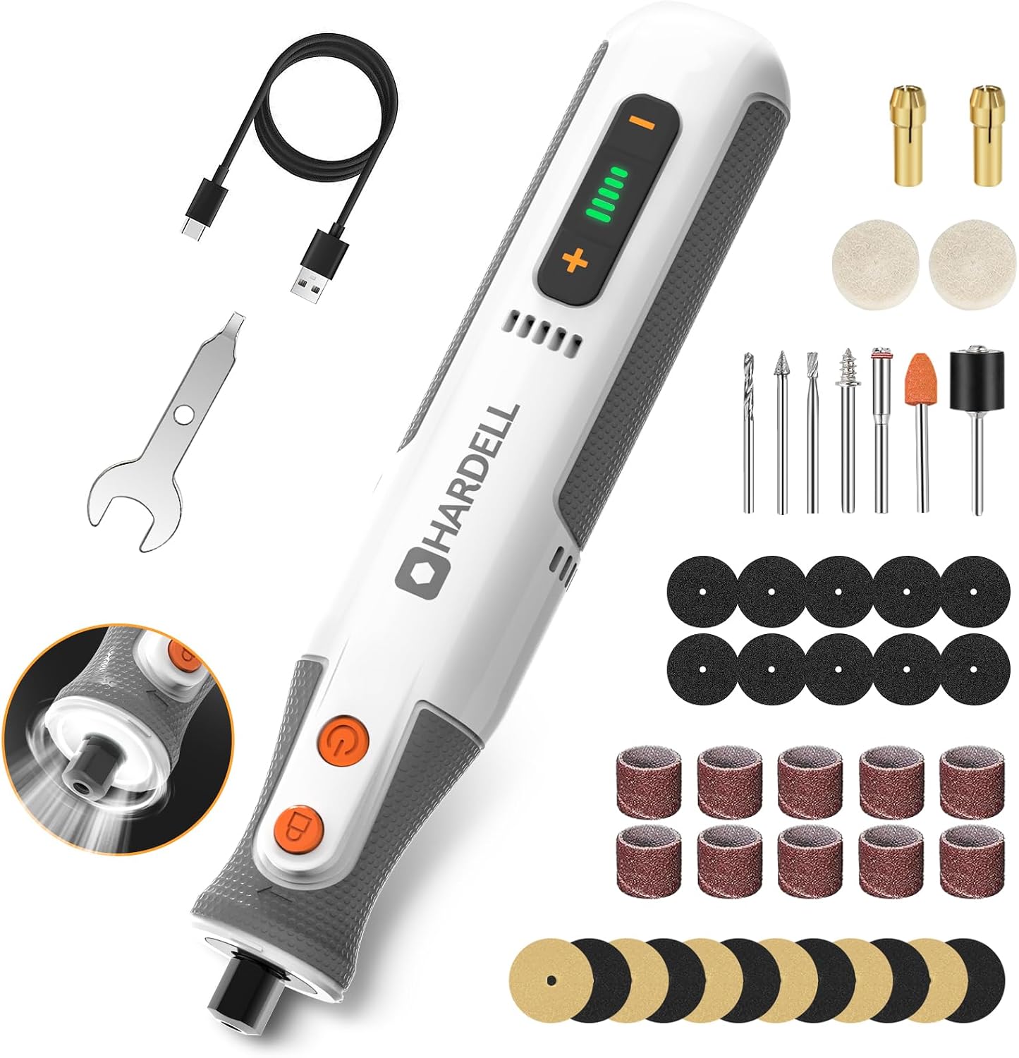 Detalle de HARDELL 8V Cordless Rotary Tool, 5 Speeds, 42 Accessories and LED Ring Light