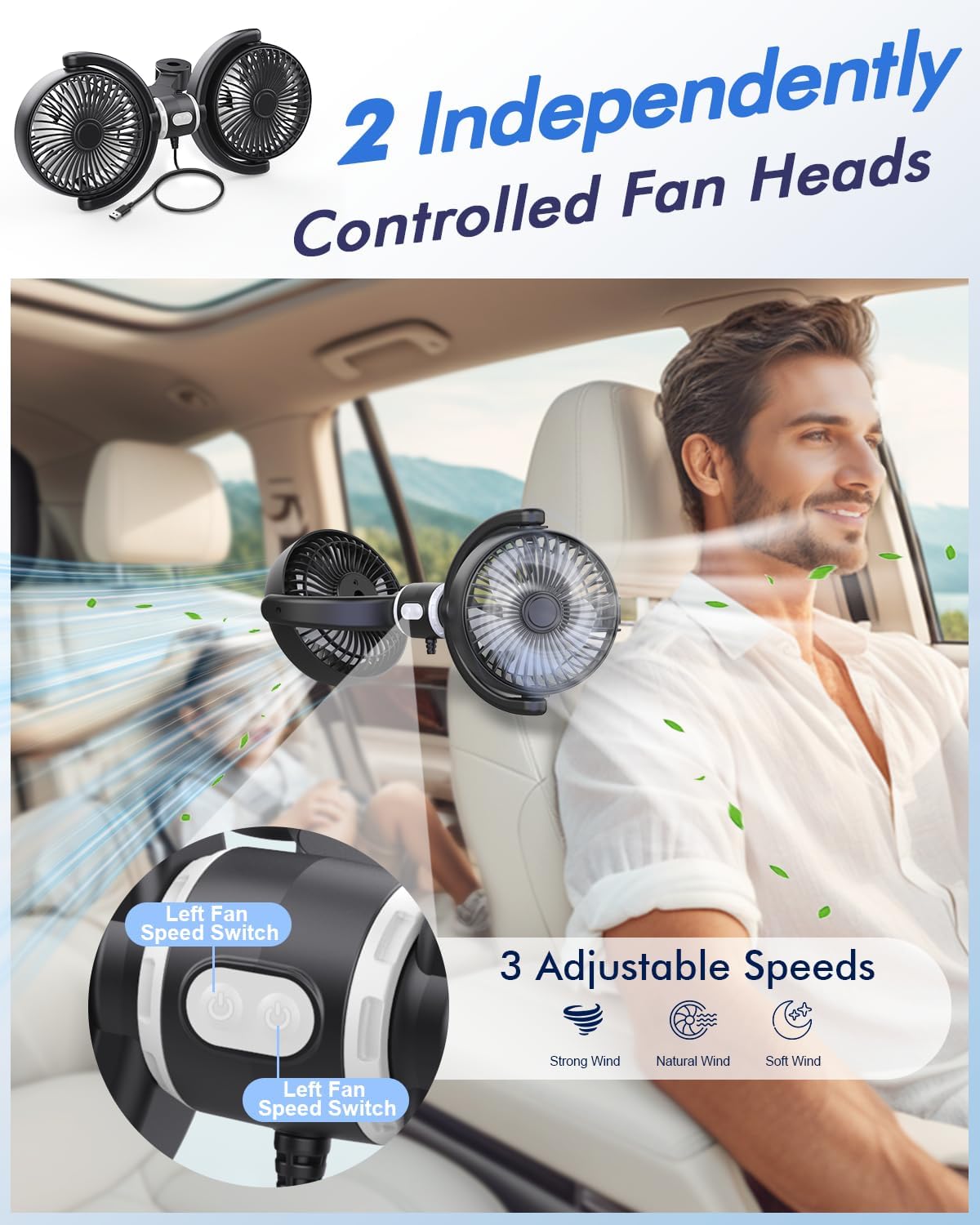 Thumbnail 3 de Car Fan USB Powered for Baby: Dual Backseat Cooling with 3-Speed, 360° Rotating USB Plug