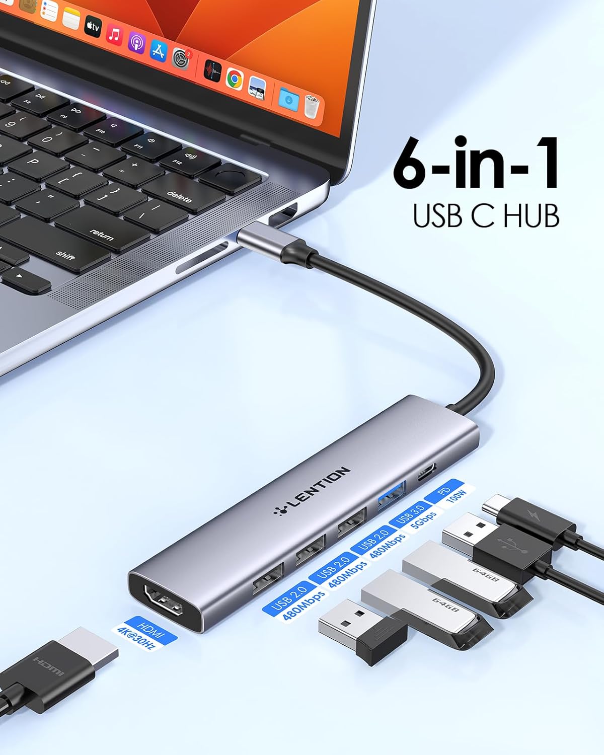 Detalle 2 de LENTION CH17 USB C Hub with 100W PD, 4K HDMI