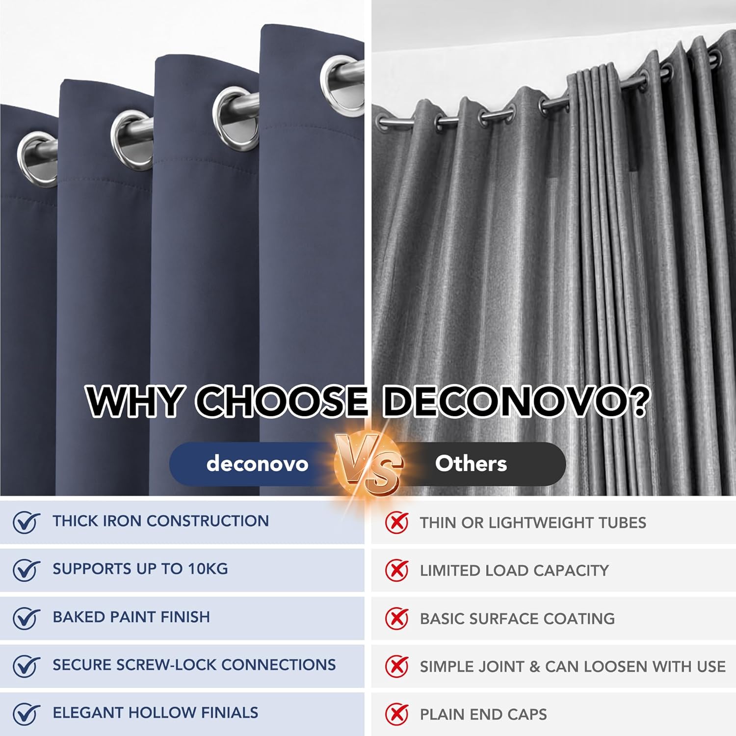 Thumbnail 5 de Deconovo Tringle à rideaux télescopique en métal extensible 76–249 cm, argent