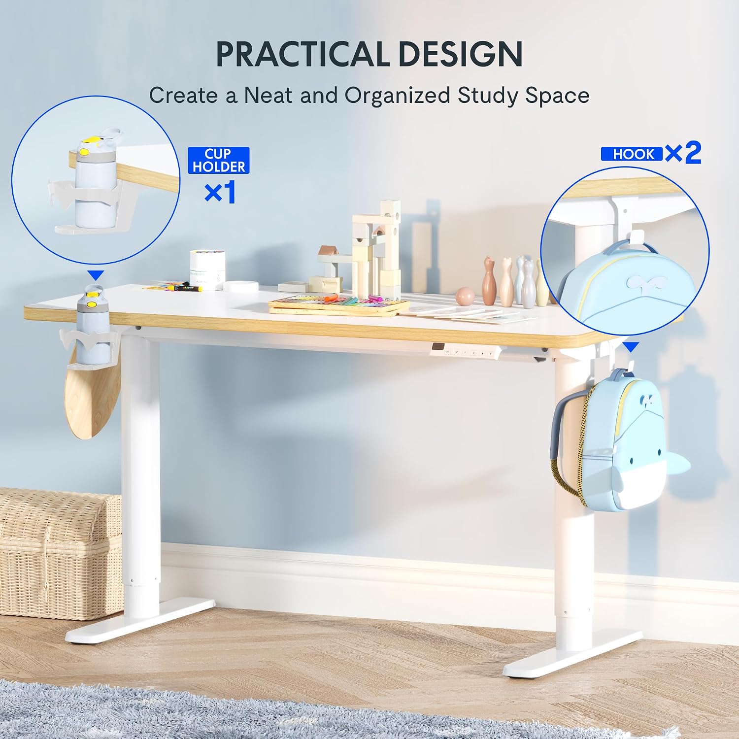 Detalle de FLEXISPOT Kinderschreibtisch elektrisch höhenverstellbar mit LED-Höhenanzeige, 3 Speicherplätzen und Kindersicherung