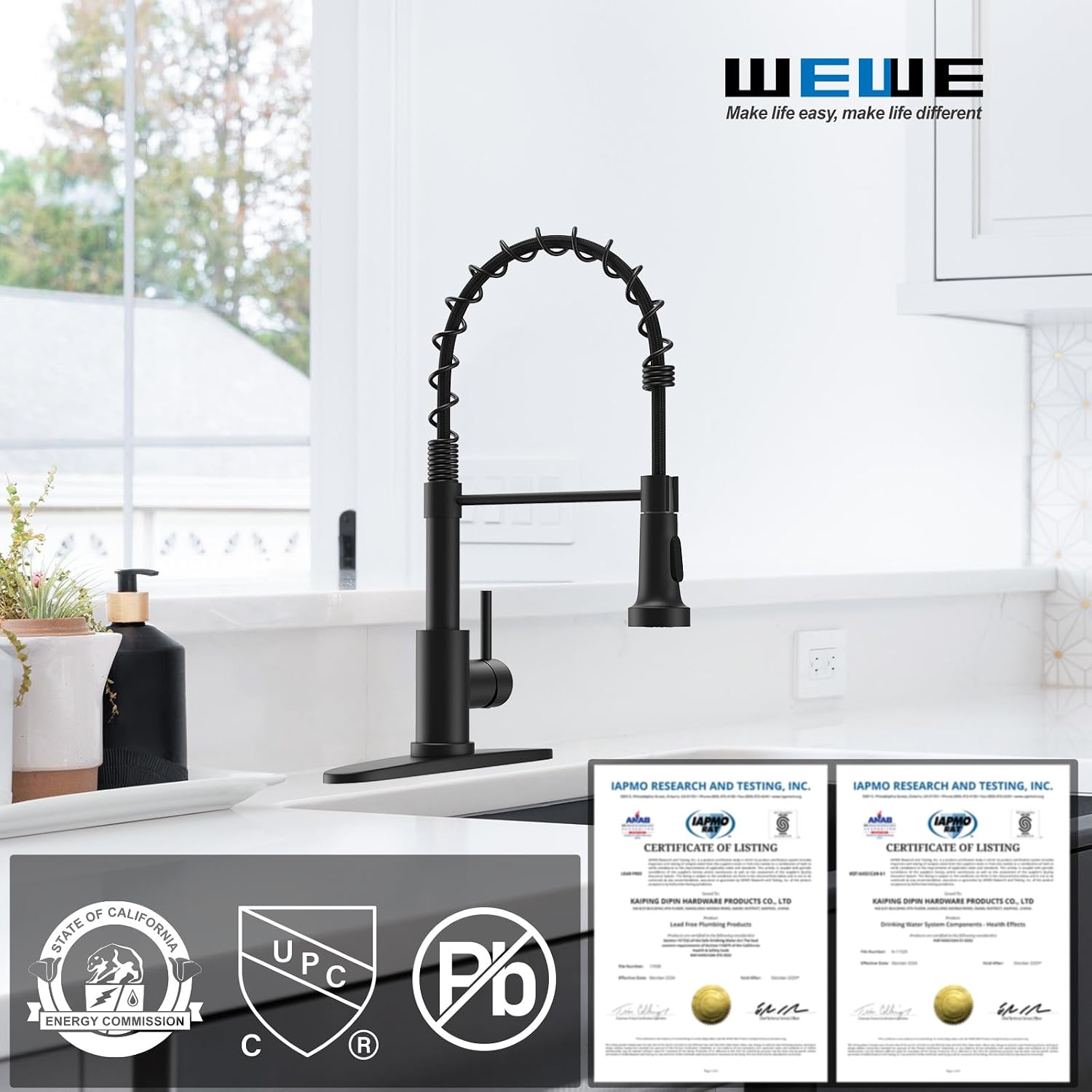 Detalle 2 de WEWE A8018-05-02MB Black Kitchen Faucet, Pull-Down Sprayer, 360° Swivel