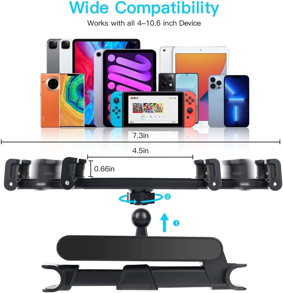 Thumbnail 1 de URAQT Car Headrest Tablet Mount: 360° Rotating Back Seat iPad Holder with Foldable Arm