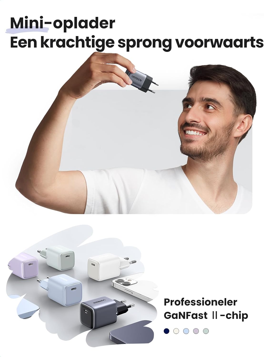 Detalle de UGREEN Nexode 30W GaN II USB-C-lader, zwart met één poort