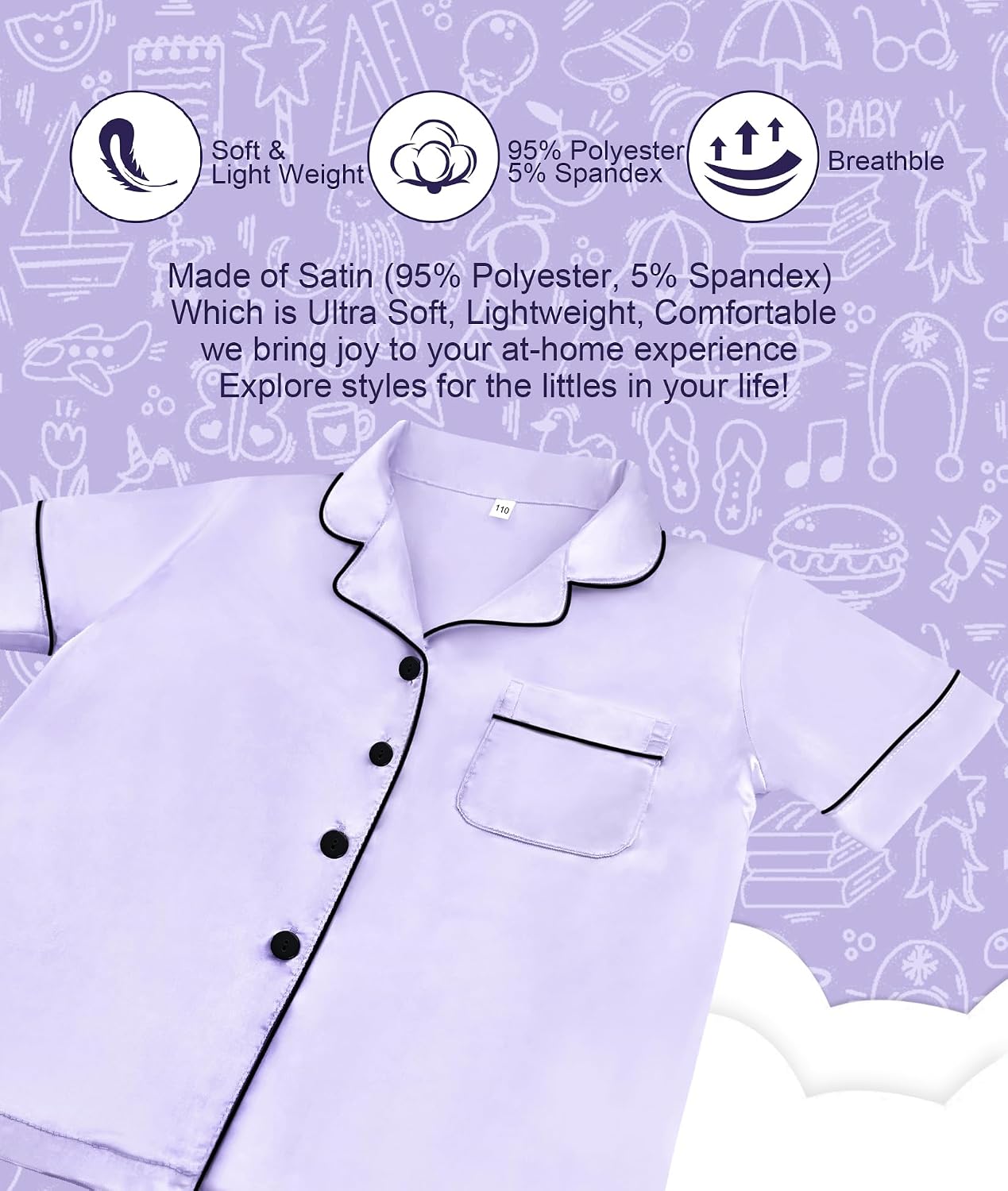 Detalle de SWOMOG Kid's Silk Pyjamas 3PCS satin set (short-sleeve top + shorts + long pants), ages 4–16