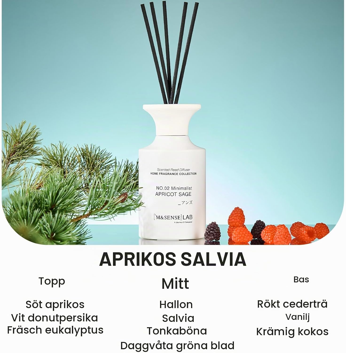 Detalle 2 de M&SENSE 300 ml rumsdoft med aprikos och salvia, 8 doftpinnar