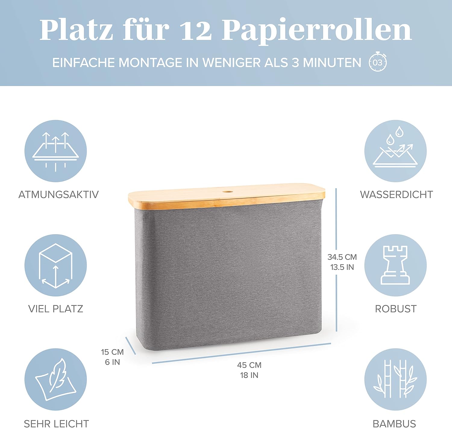 Thumbnail 2 de LONBET Toilettenpapier-Aufbewahrungsbox mit Deckel aus Bambus (für 12 Rollen), grau, stapelbar