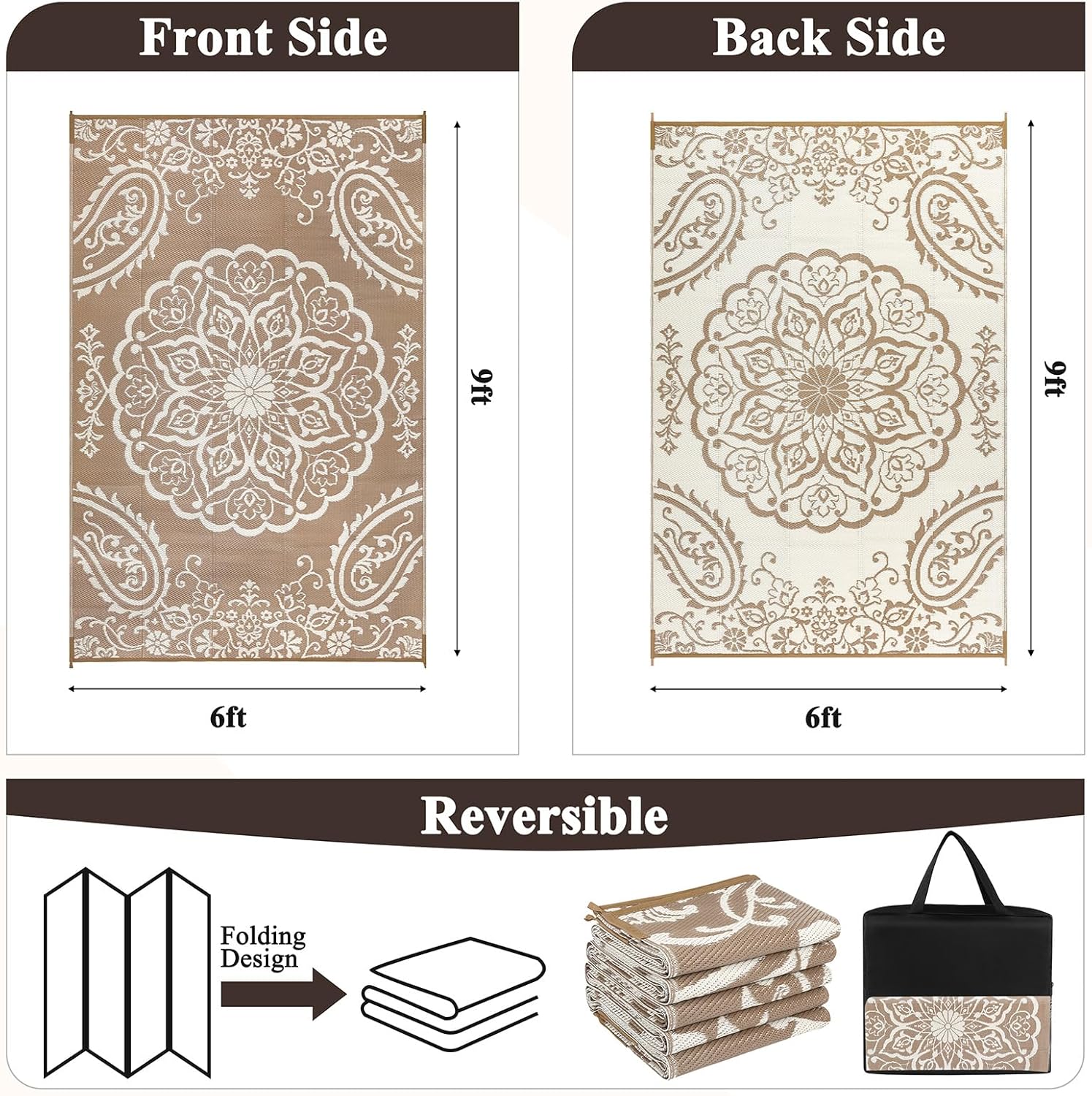 Detalle 2 de Pauwer 6' x 9' Outdoor Rug, Reversible Waterproof Boho Brown Patio Mat