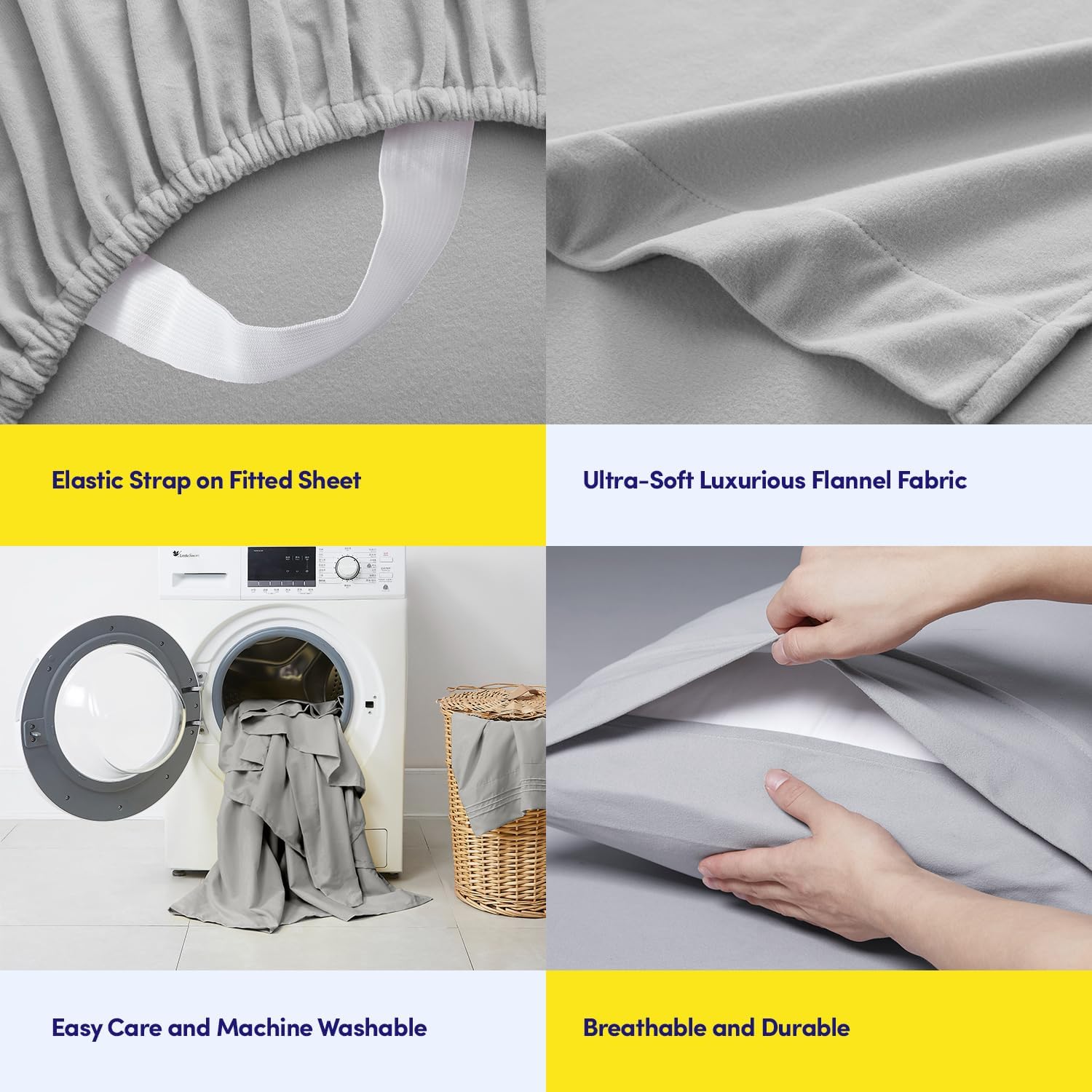 Detalle 2 de Flannel Sheets Queen Size — Warm, Cozy, Deep Pocket Set with Built-In Corner Straps (Silver)