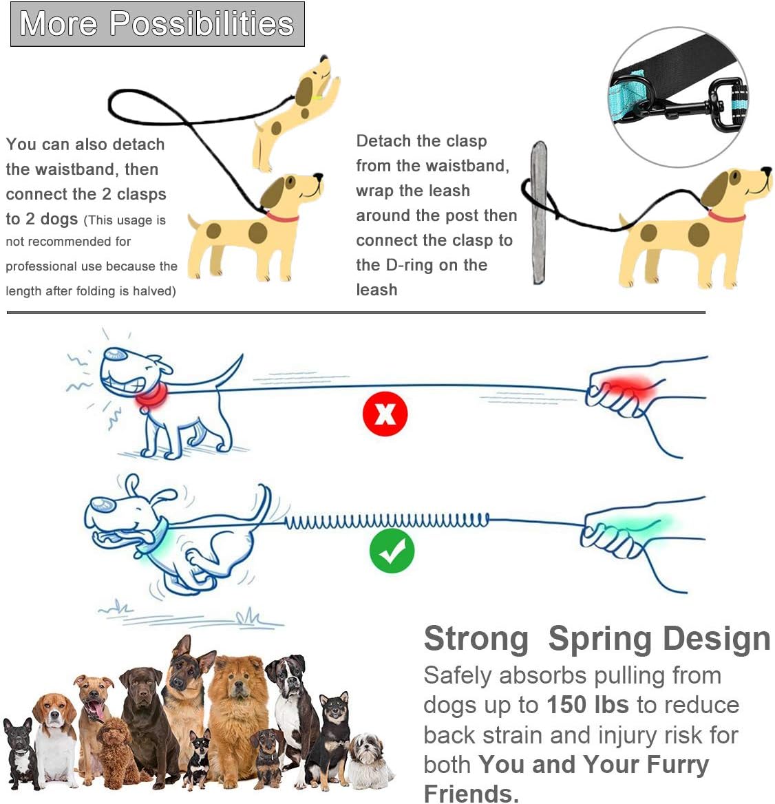 Thumbnail 4 de Philorn Hands Free Dog Lead with Phone Pouch — Extendable 47–67in, Dual Handle, Reflective