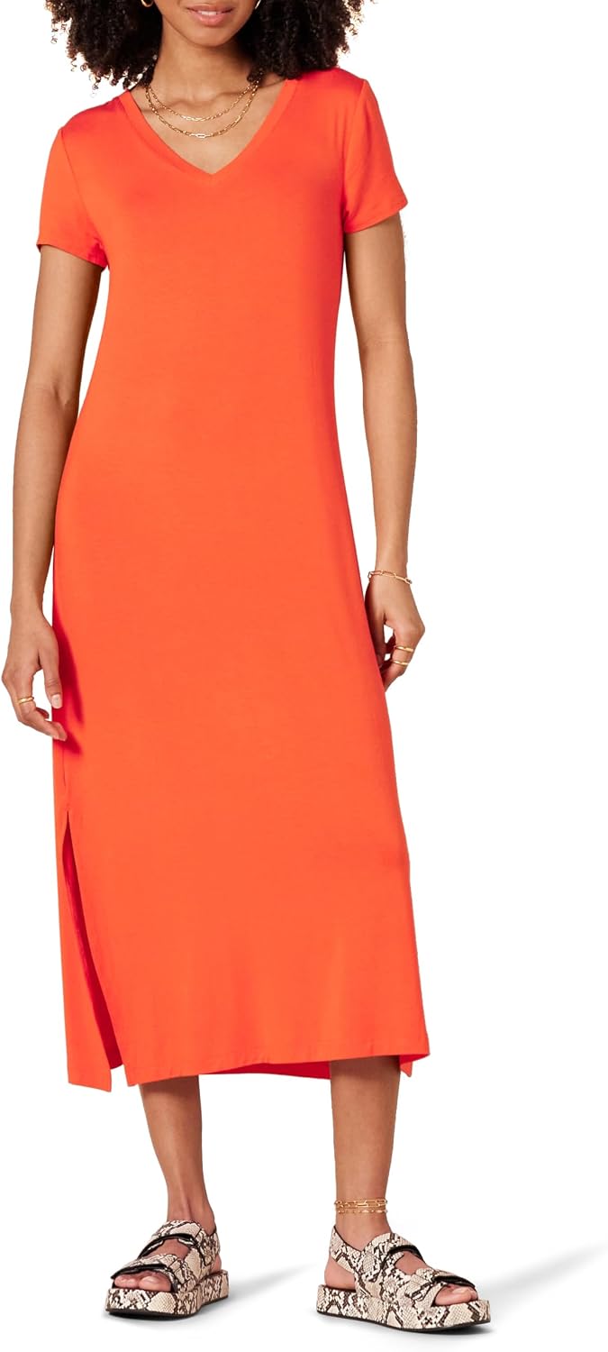 Detalle de Amazon Essentials Women's Stretchy V-Neck Midi Dress in Viscose Jersey