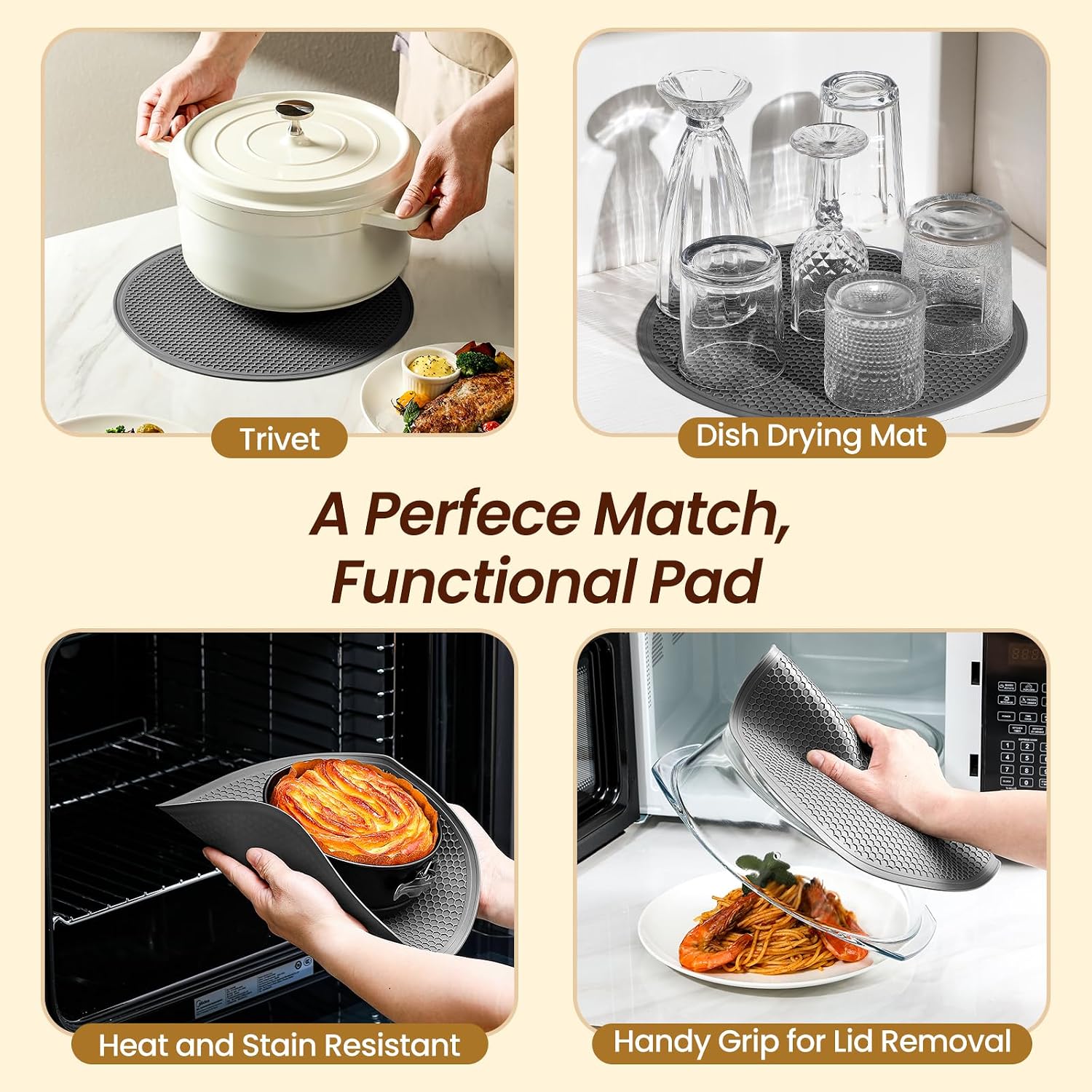 Detalle de 2 in 1 Tall Glass Microwave Splatter Cover with Silicone Mat — 10in Glass Cover & 12in Mat for Food, BPA-Free and Heat-Resistant