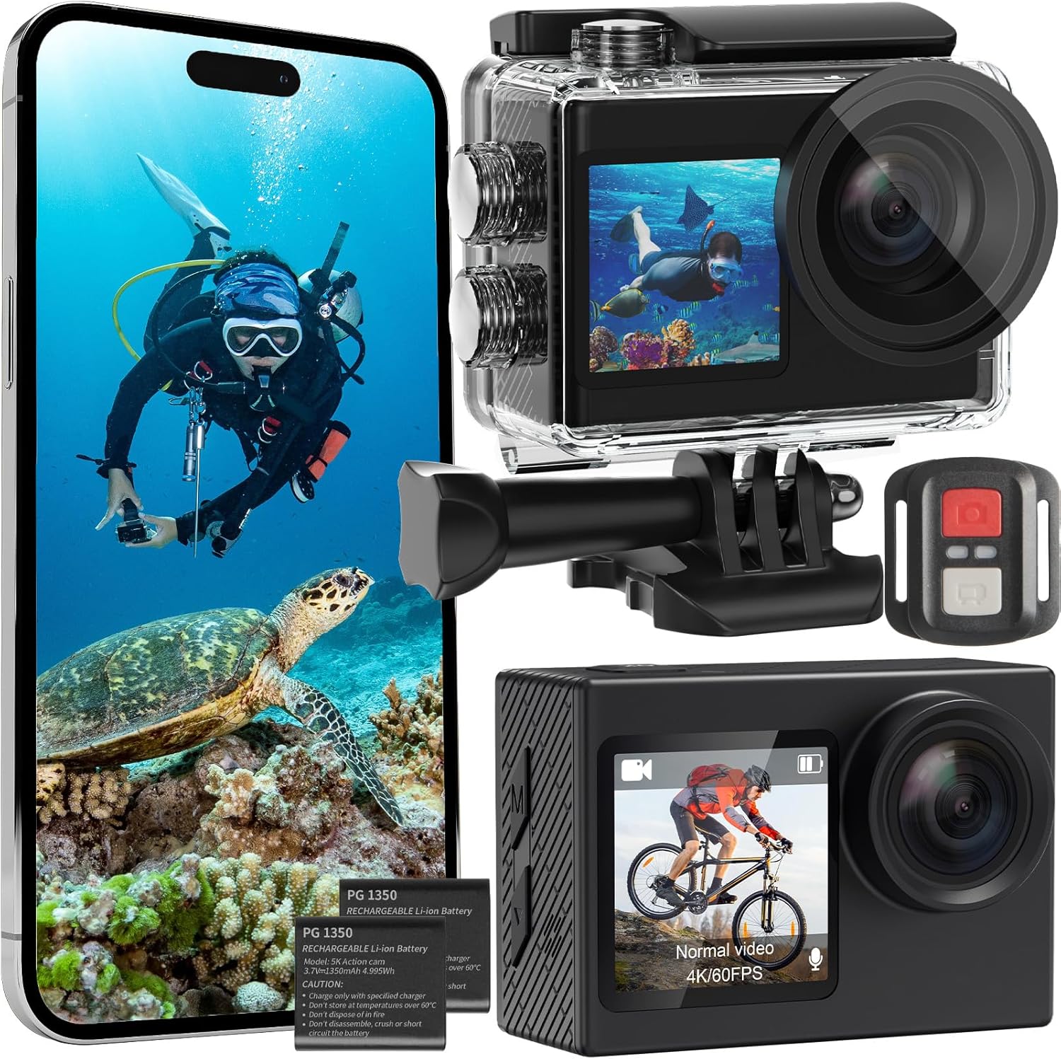 Yonvim Actioncam 4K 60FPS mit WLAN – Unterwasserkamera bis 40 m, Dual-Screen, EIS, 2 Akkus 1350 mAh