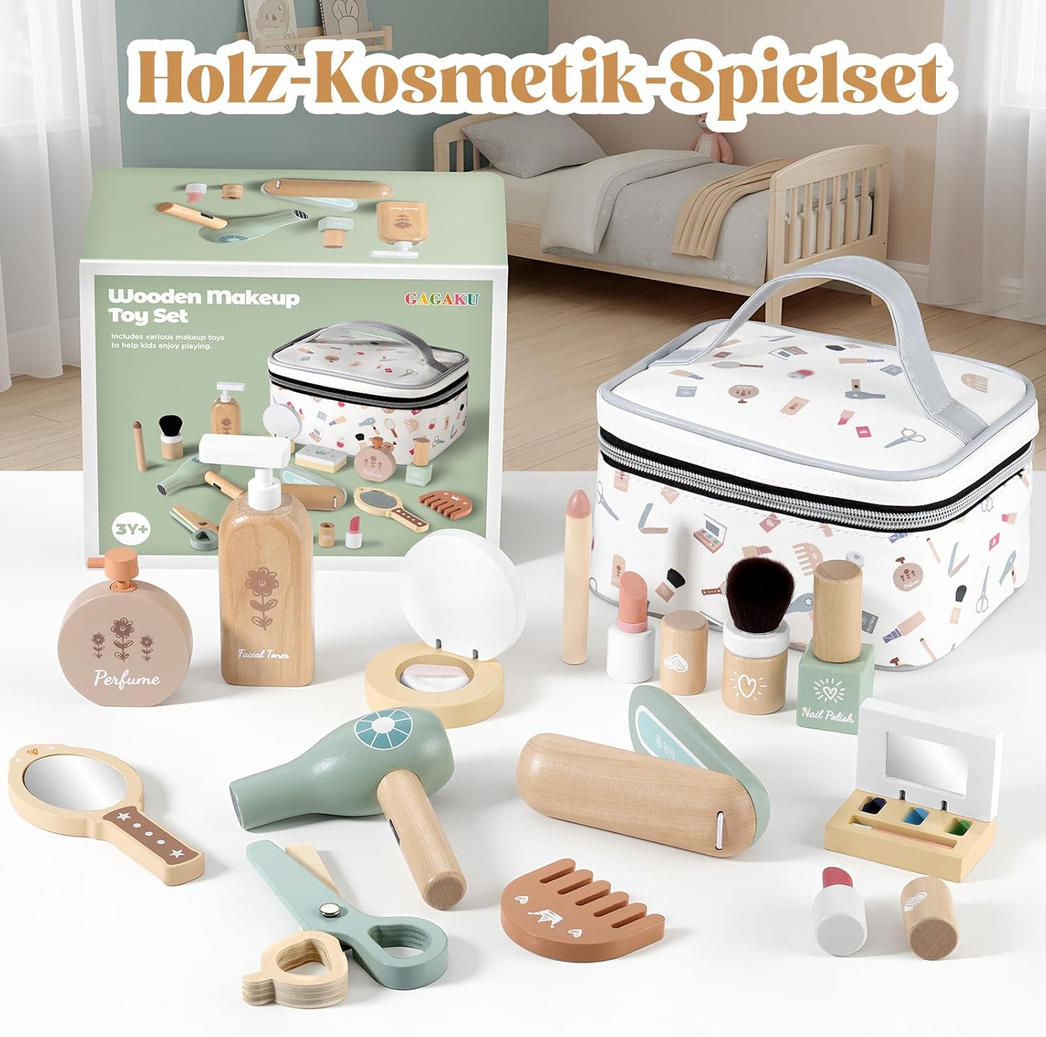Thumbnail 1 de GAGAKU 16-tlg. Holz-Schminkkoffer für Mädchen ab 3 Jahren – Rollenspiel-Kosmetikset aus Holz