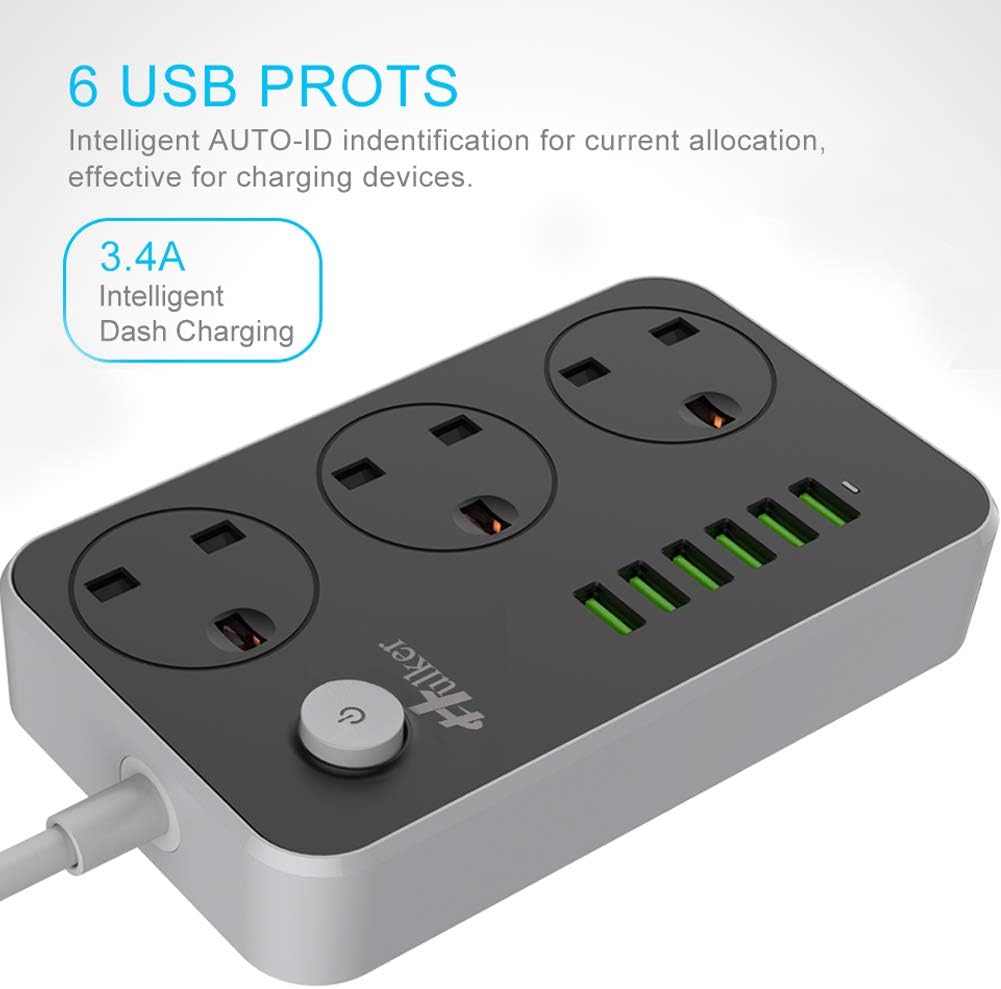 Thumbnail 5 de Hulker Power Strip 3-way outlet with 6 USB 2m cable 🔌