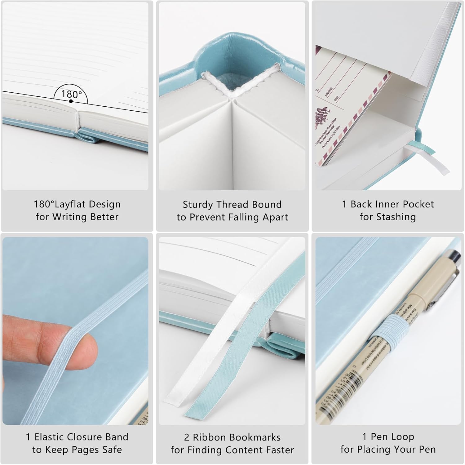 Detalle de YIEO A5 Hardback Lined Notebook (320 Pages) in Light Blue