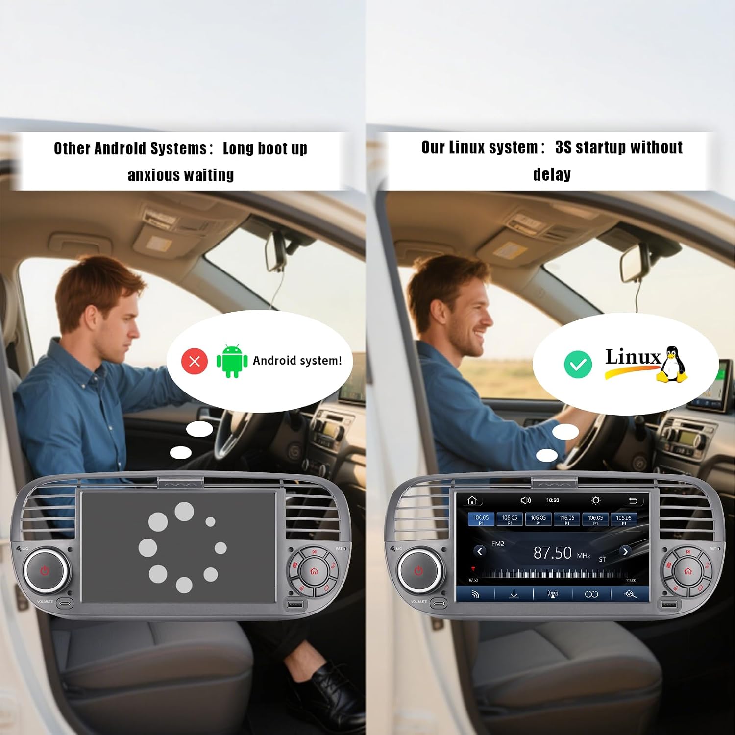 Detalle 2 de Autoradio doppio DIN per Fiat 500 con touchscreen, USB, Bluetooth, FM/AM e Linux (CarPlay/Android Auto wireless)