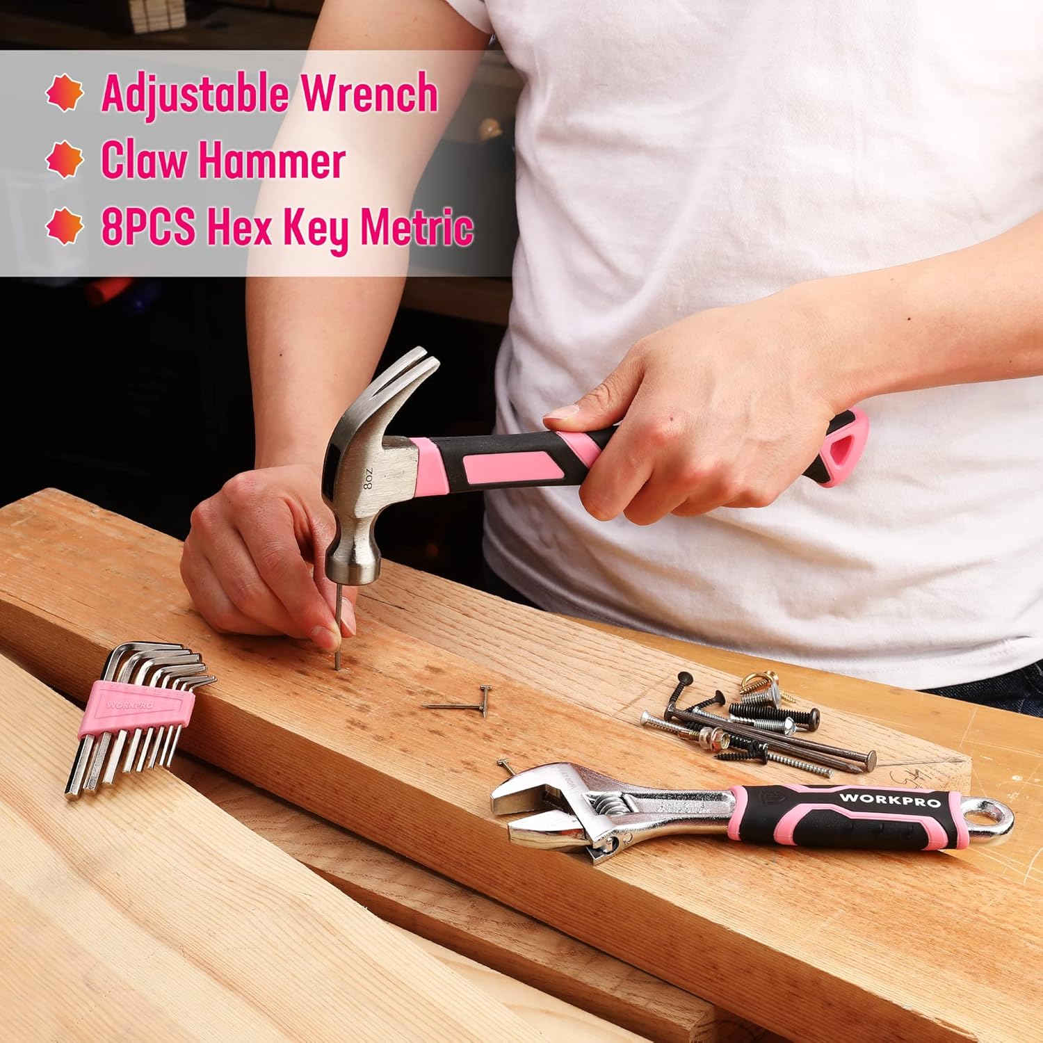 Detalle de WORKPRO 74-Piece Tool Set with Cordless 3.7V Screwdriver (Pink) – Practical DIY Kit for Everyday Home Repairs