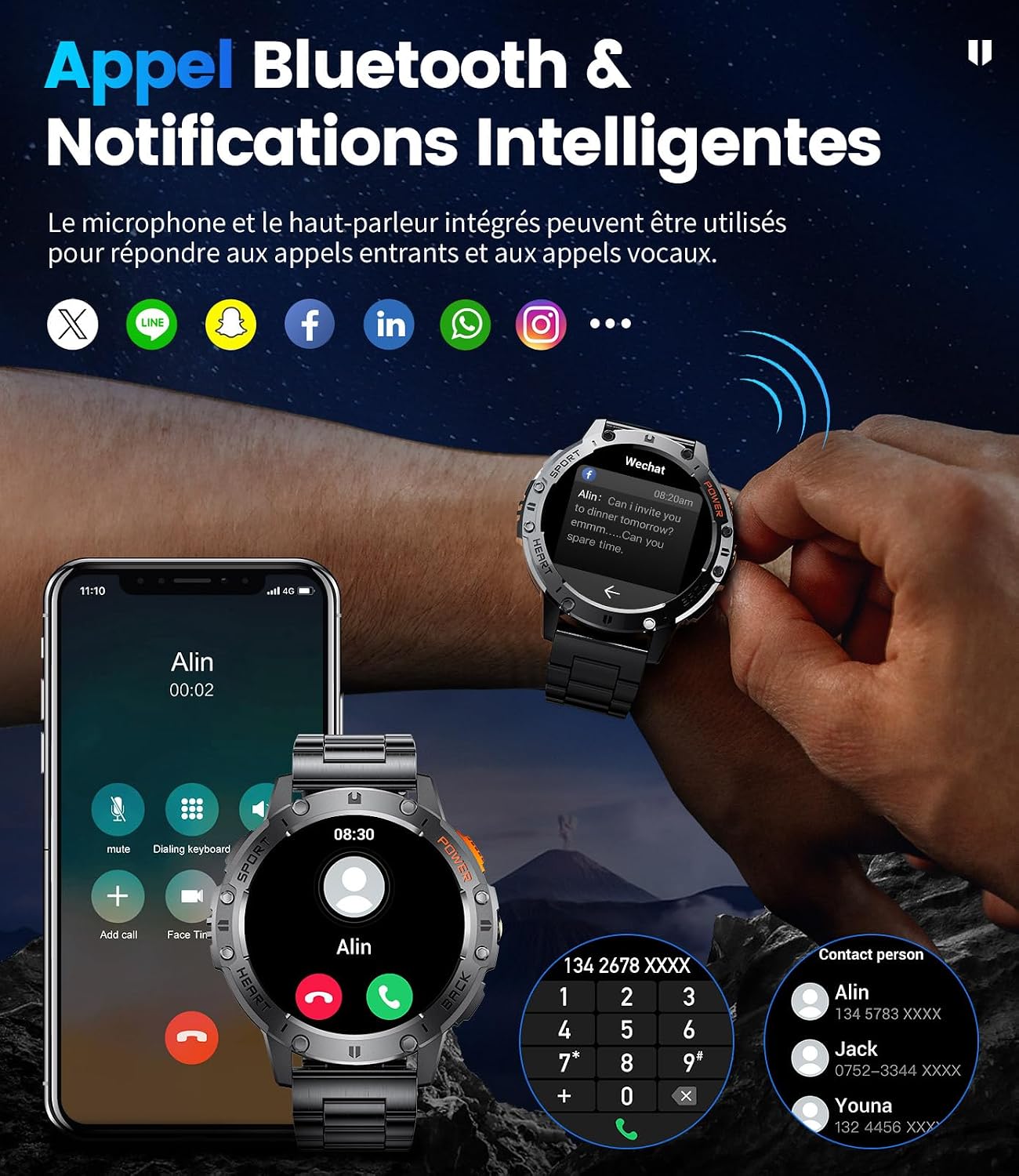 Detalle de Montre Connectée Homme avec Appels Bluetooth et 120+ Modes Sportifs – Écran AMOLED 1,43", IP68