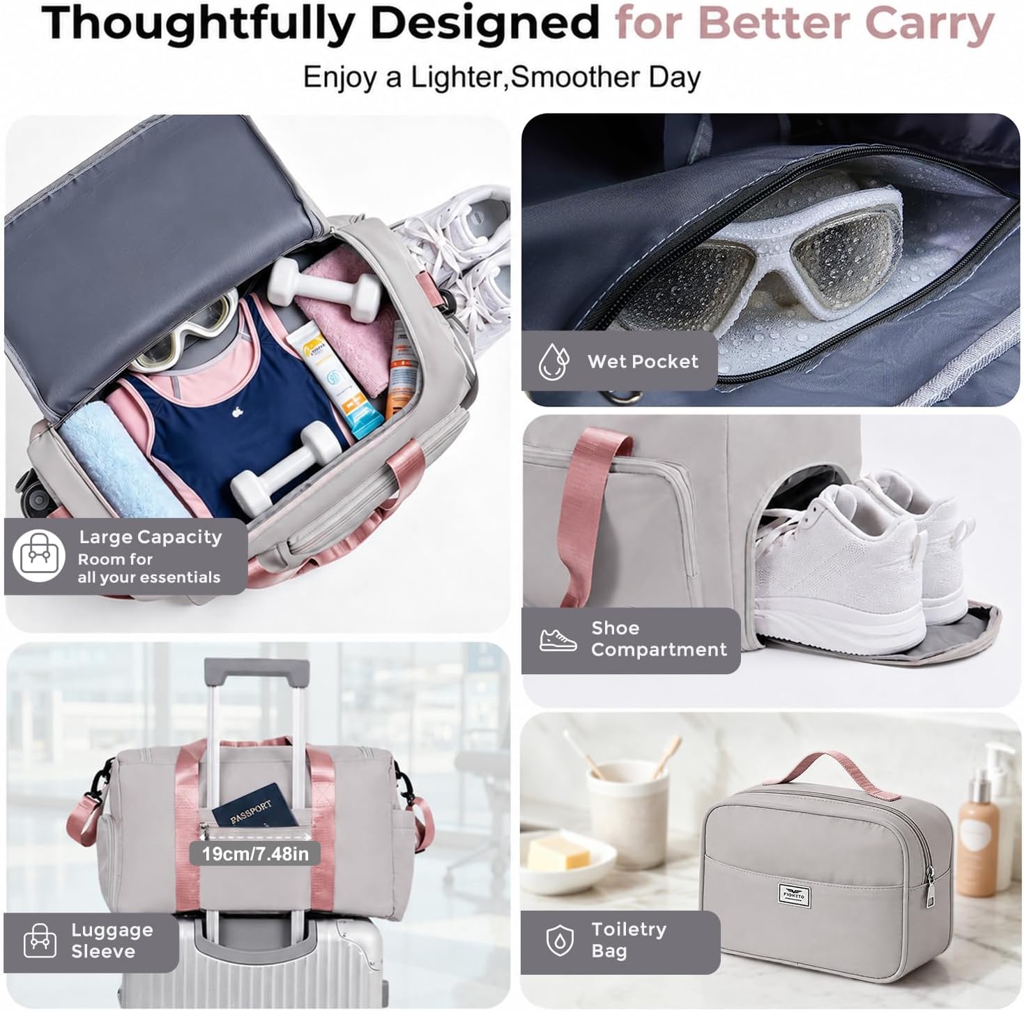 Thumbnail 3 de FIORETTO Gym Bag with Wet/Dry Pocket and Shoe Compartment – 30L, Foldable & Water‑Resistant