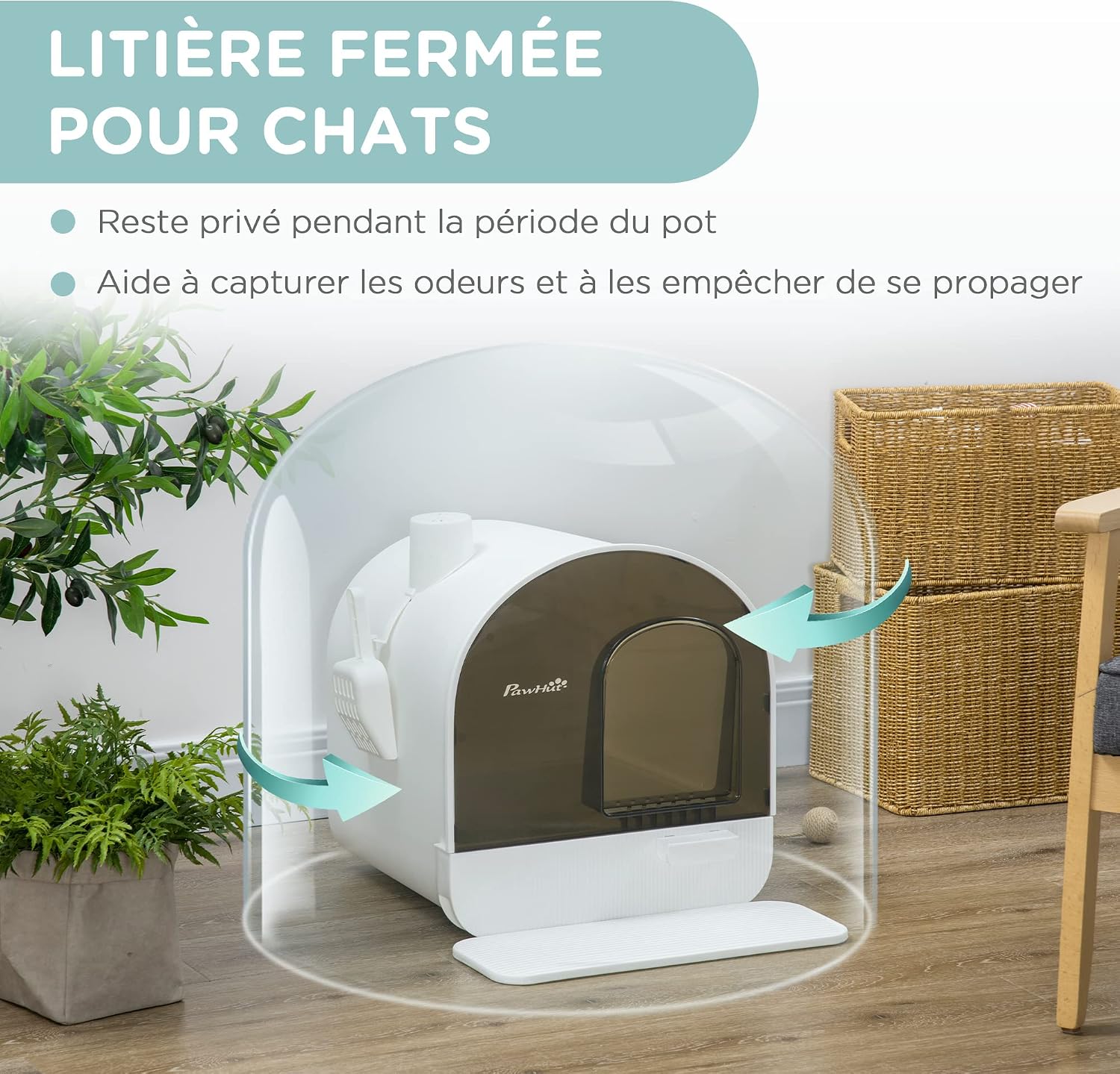 Detalle de PawHut bac à litière pour chat maison de toilette avec porte battante, pelle et filtre inclus (43 × 44 × 47 cm) – Blanc